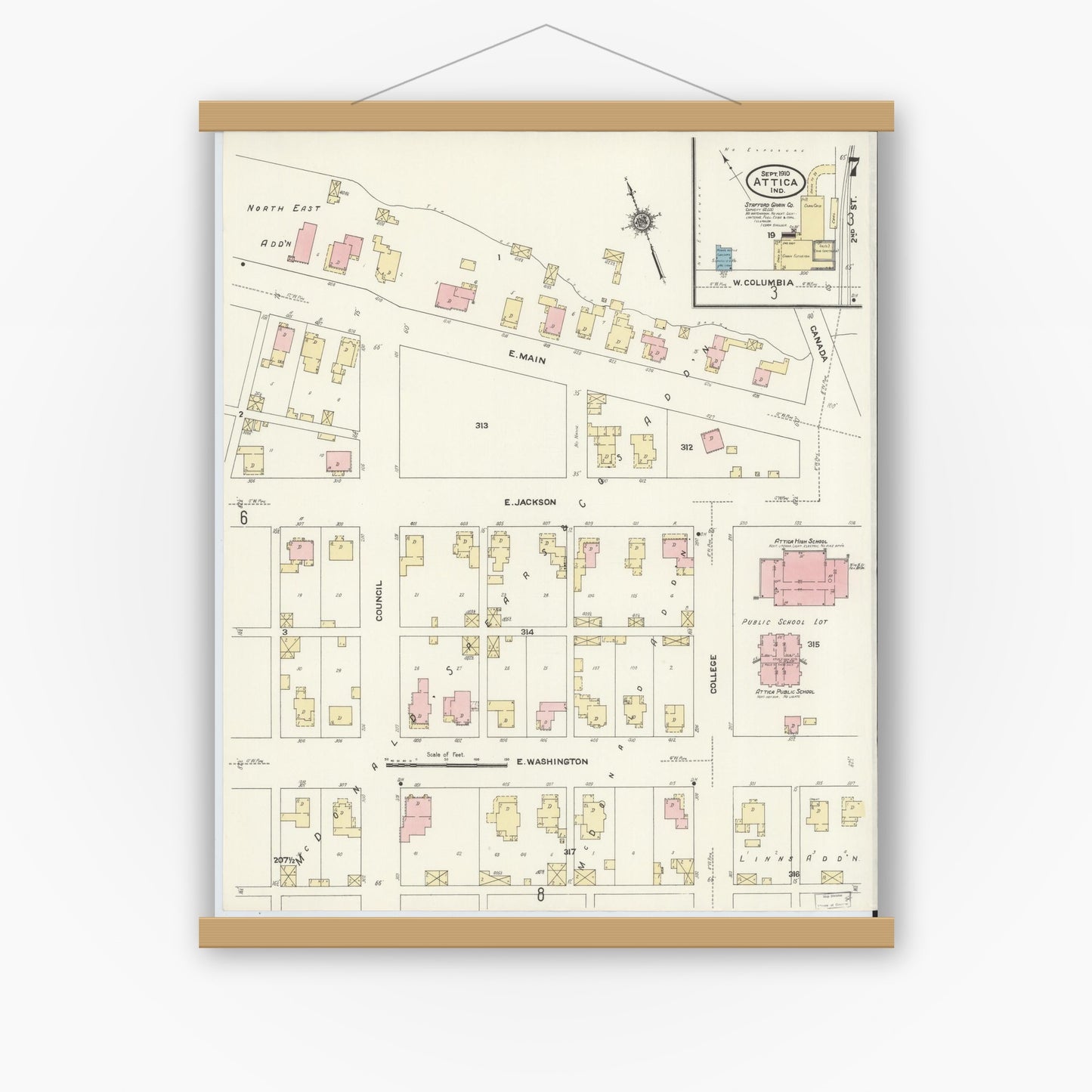 Old map wall art mockup — magnetic wood frame on white wall — Sanborn Fire Insurance Map from Attica, Fountain County, Indiana (1910), Sheet #0007
