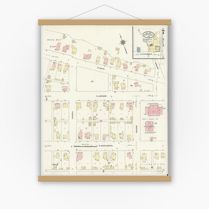 Old map wall art mockup — magnetic wood frame on white wall — Sanborn Fire Insurance Map from Attica, Fountain County, Indiana (1910), Sheet #0007