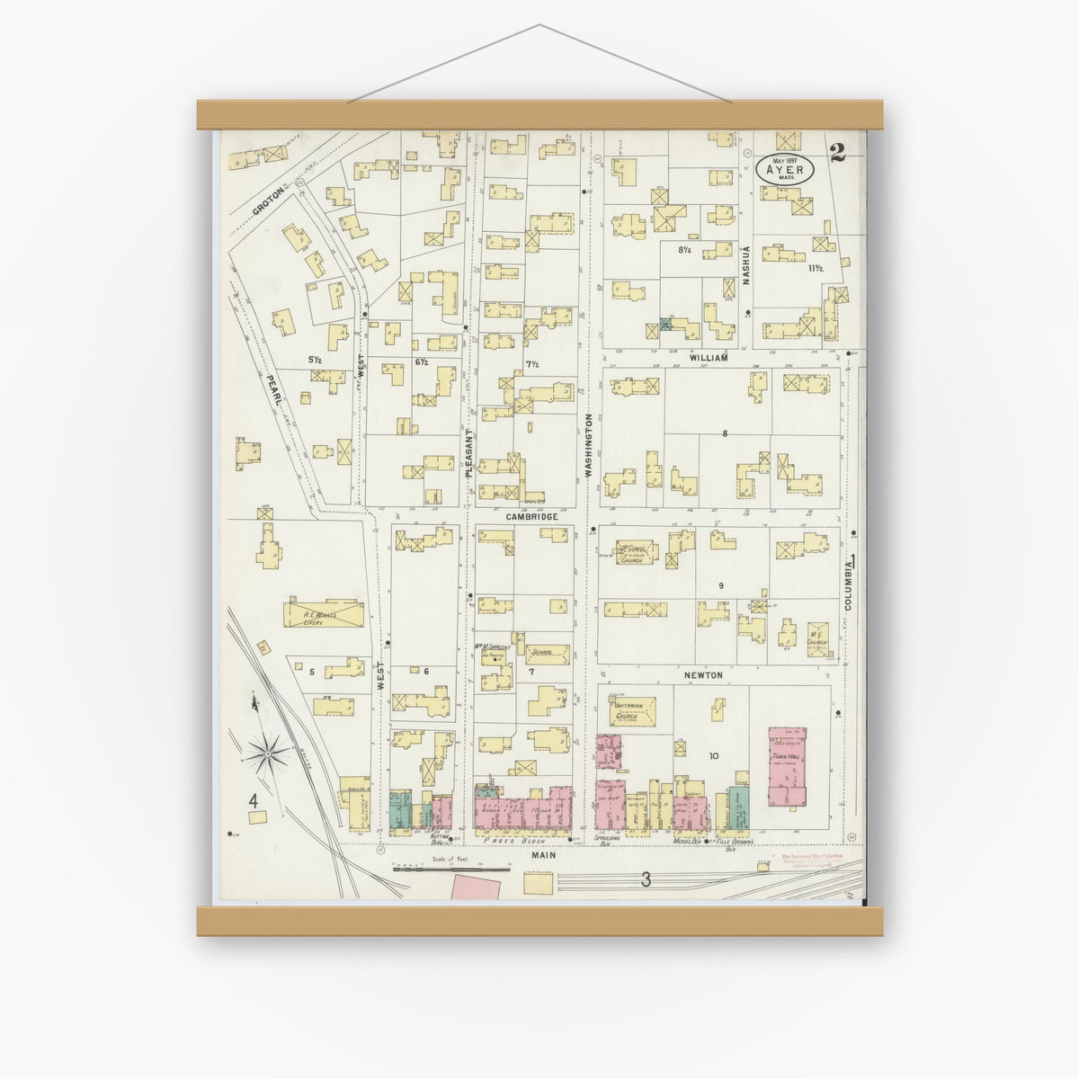 Old map wall art mockup — magnetic wood frame on white wall — Sanborn Fire Insurance Map from Ayer, Middlesex County, Massachusetts (1897), Sheet #0002
