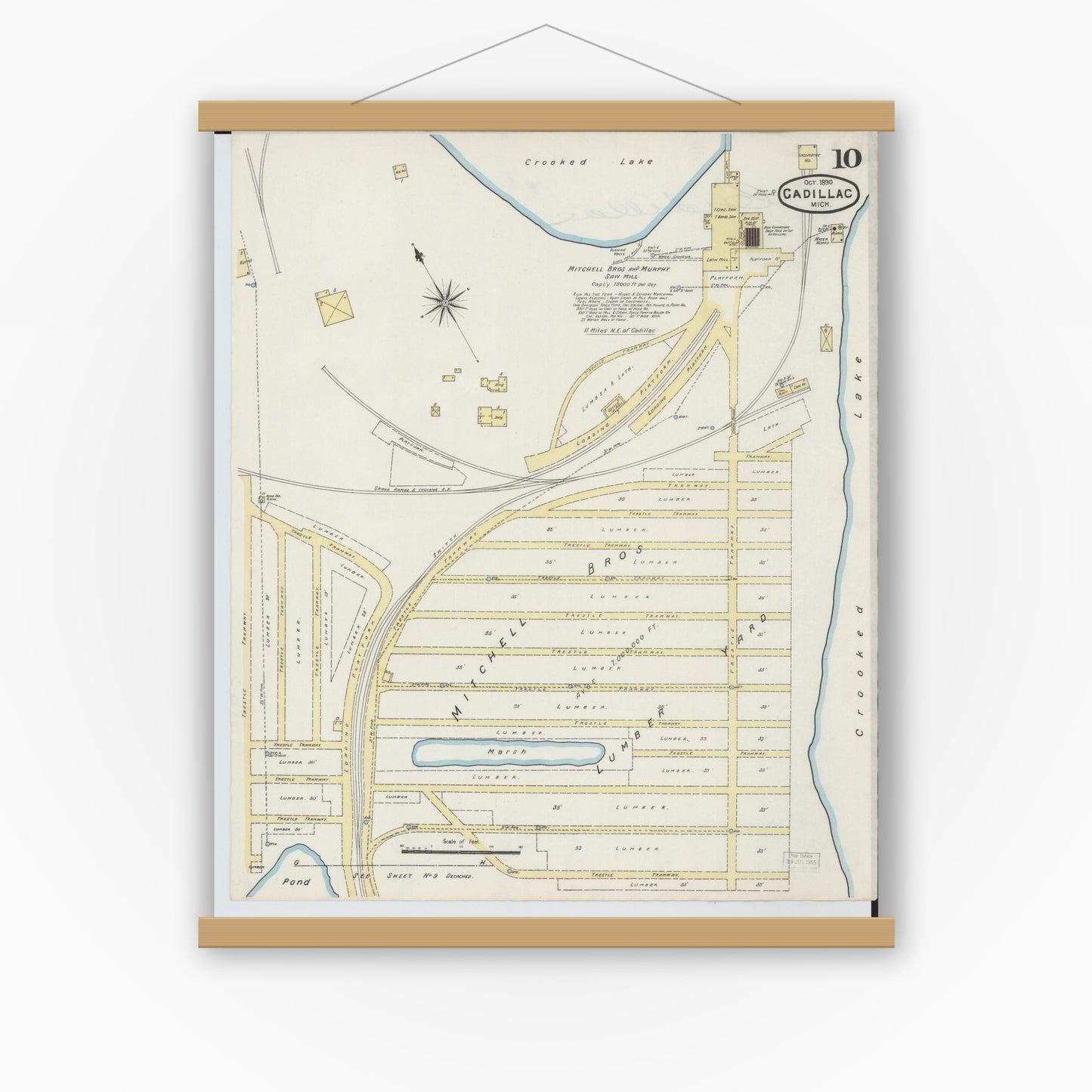 Old map wall art mockup — magnetic wood frame on white wall — Sanborn Fire Insurance Map from Cadillac, Wexford County, Michigan (1890), Sheet #0010