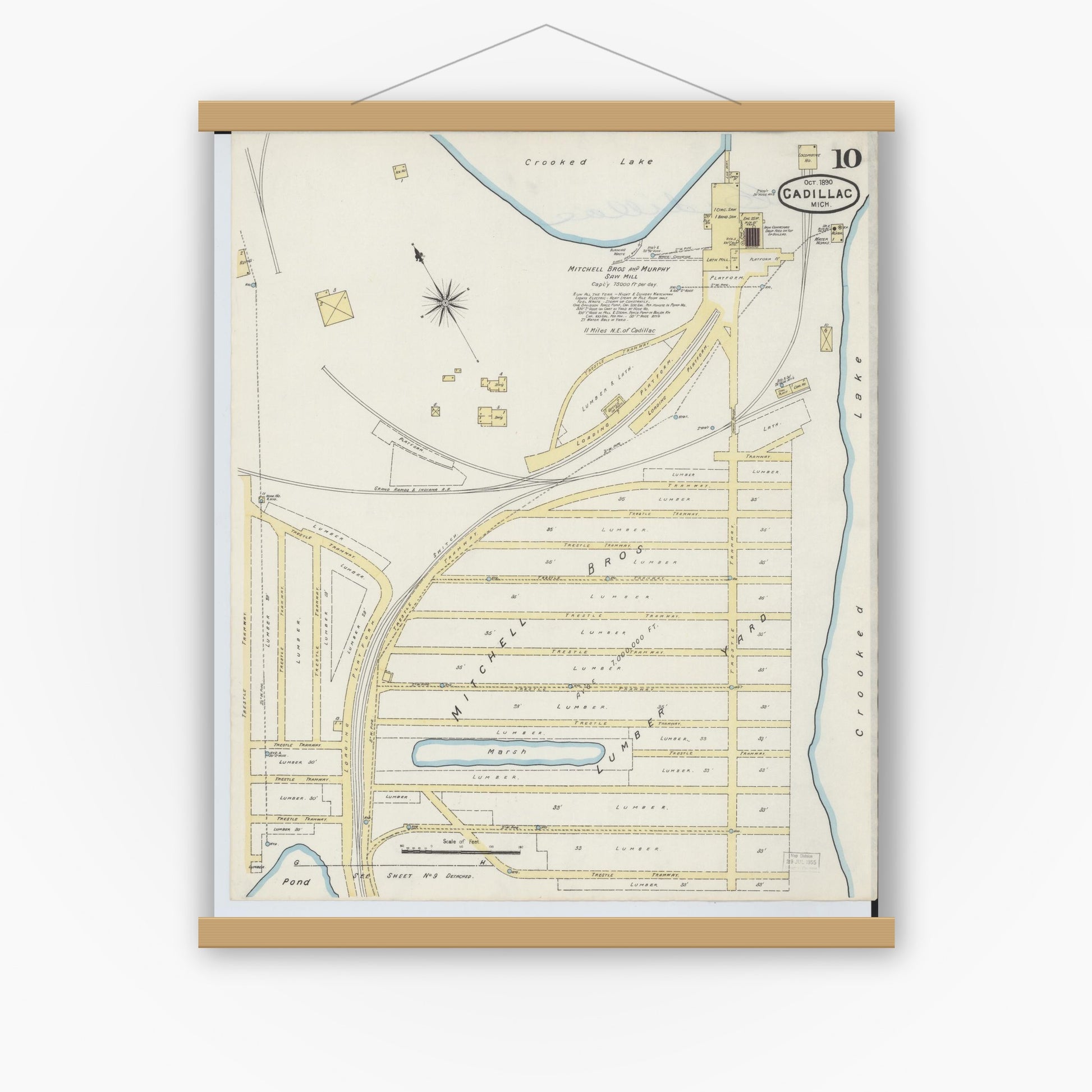 Old map wall art mockup — magnetic wood frame on white wall — Sanborn Fire Insurance Map from Cadillac, Wexford County, Michigan (1890), Sheet #0010