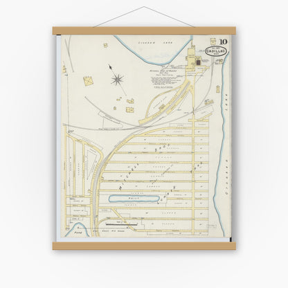 Old map wall art mockup — magnetic wood frame on white wall — Sanborn Fire Insurance Map from Cadillac, Wexford County, Michigan (1890), Sheet #0010