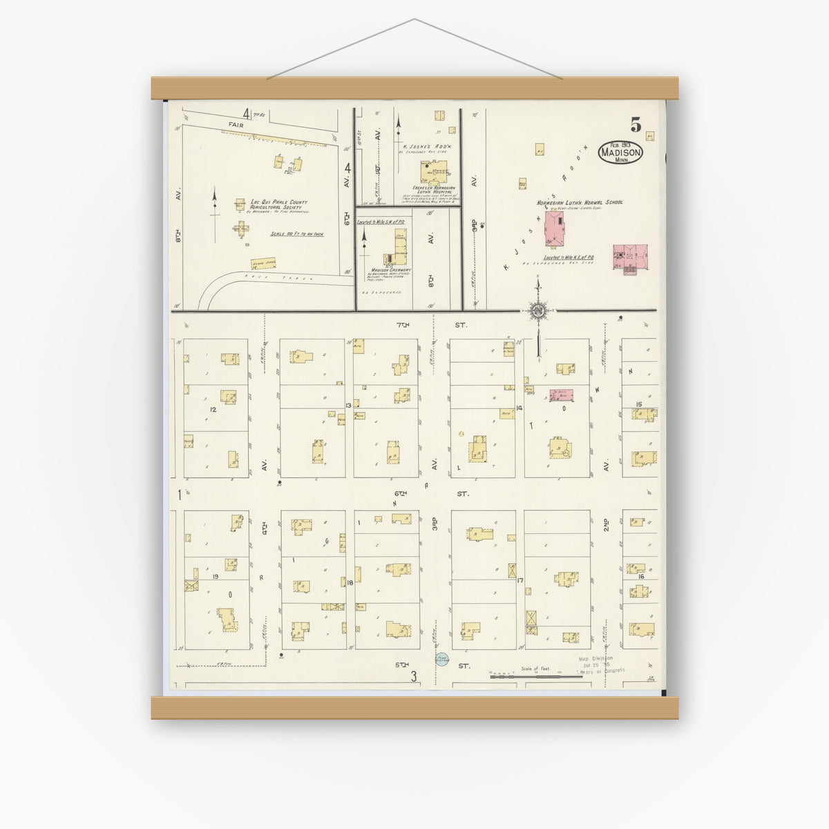 Old map wall art mockup — magnetic wood frame on white wall — Sanborn Fire Insurance Map from Madison, Lac Qui Parle County, Minnesota (1913), Sheet #0005