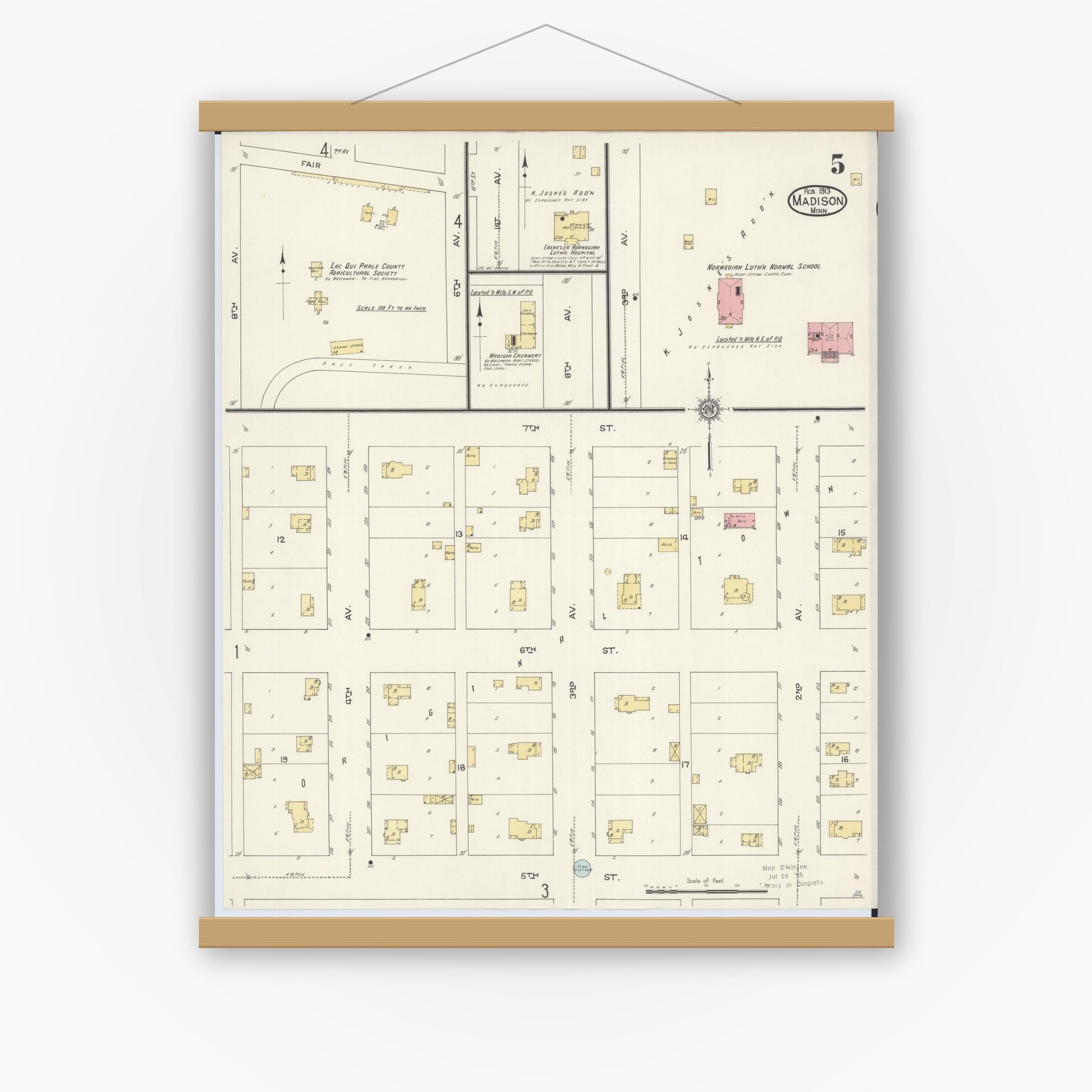 Old map wall art mockup — magnetic wood frame on white wall — Sanborn Fire Insurance Map from Madison, Lac Qui Parle County, Minnesota (1913), Sheet #0005