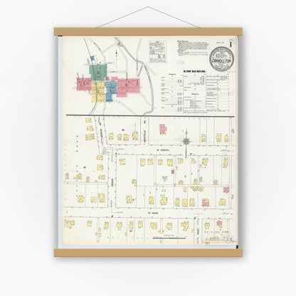 Old map wall art mockup — magnetic wood frame on white wall — Sanborn Fire Insurance Map from Carrollton, Carroll County, Ohio (1911), Sheet #0001