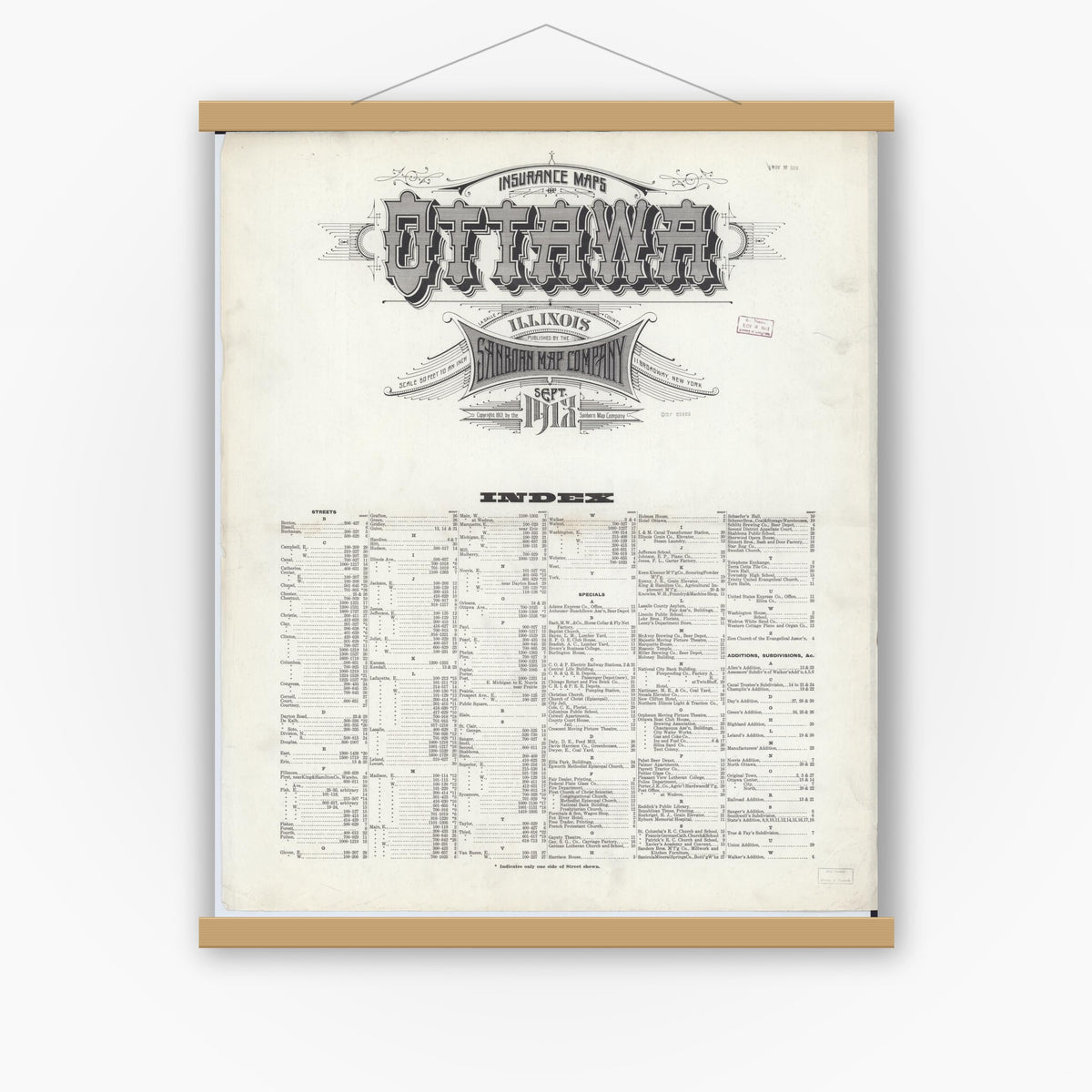 Old map wall art mockup — magnetic wood frame on white wall — Sanborn Fire Insurance Map from Ottawa, La Salle County, Illinois (1913), Sheet #0001
