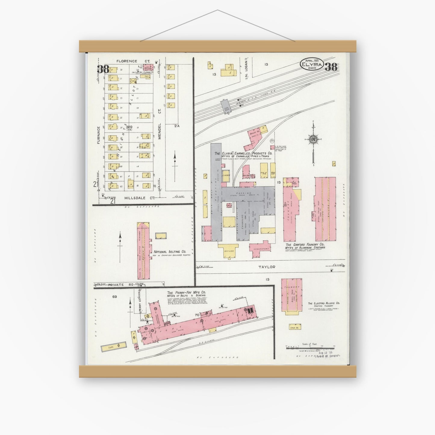 Old map wall art mockup — magnetic wood frame on white wall — Sanborn Fire Insurance Map from Elyria, Lorain County, Ohio (1925), Sheet #0038