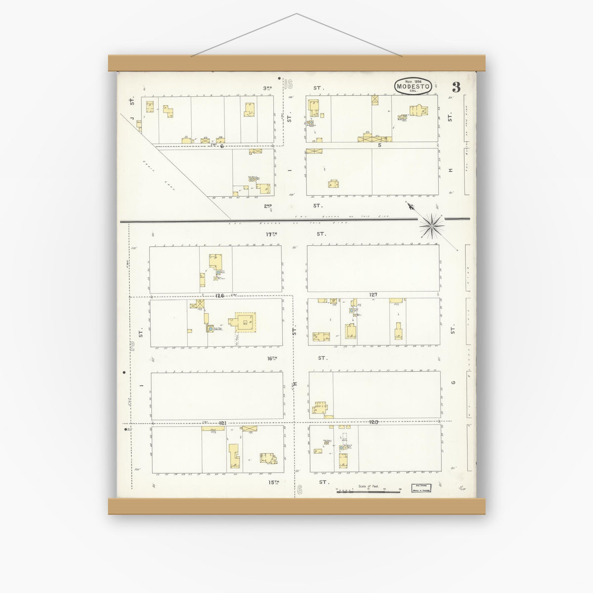 Old map wall art mockup — magnetic wood frame on white wall — Sanborn Fire Insurance Map from Modesto, Stanislaus County, California (1894), Sheet #0003