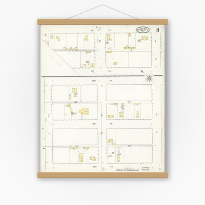 Old map wall art mockup — magnetic wood frame on white wall — Sanborn Fire Insurance Map from Modesto, Stanislaus County, California (1894), Sheet #0003