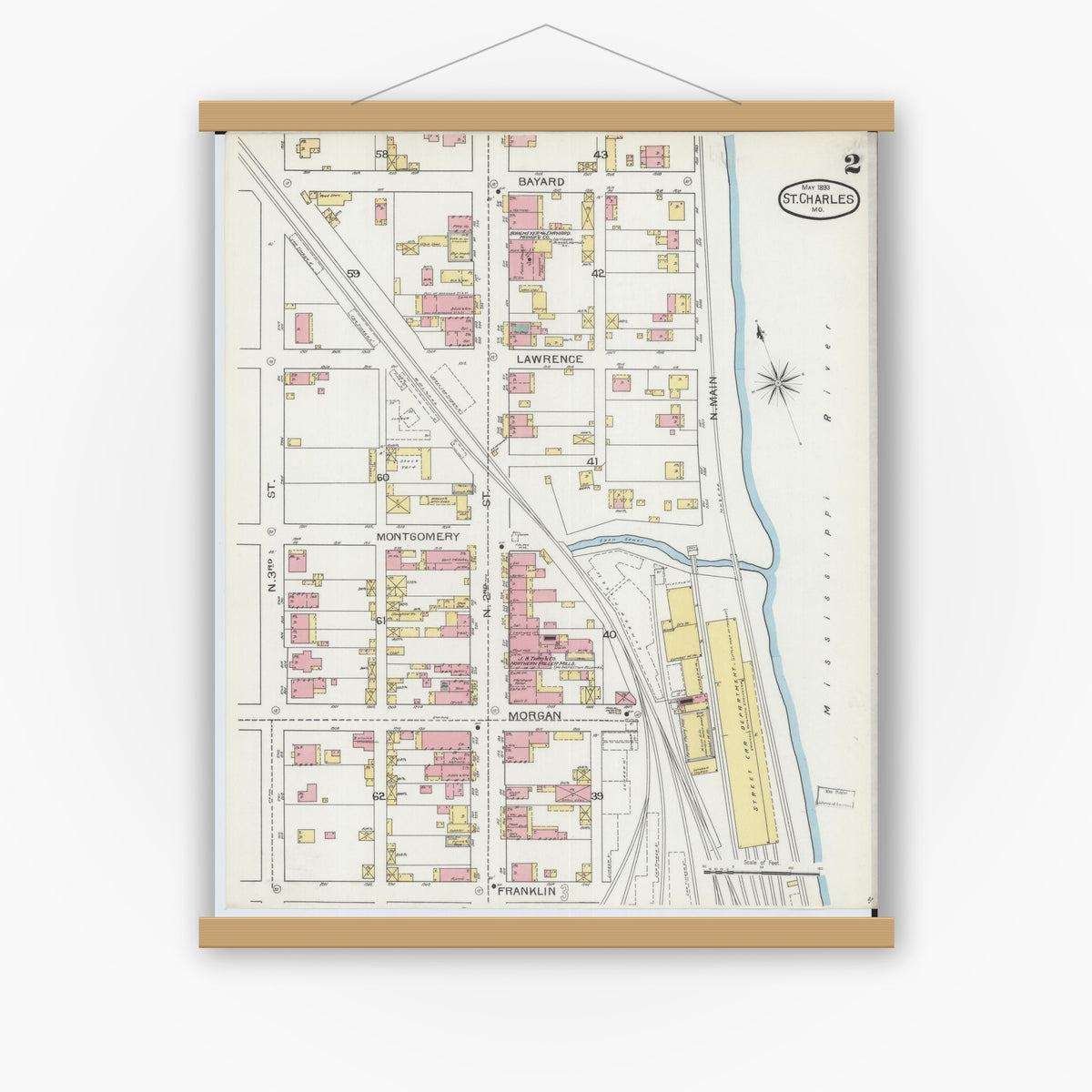 Old map wall art mockup — magnetic wood frame on white wall — Sanborn Fire Insurance Map from Saint Charles, Saint Charles County, Missouri (1893), Sheet #0002