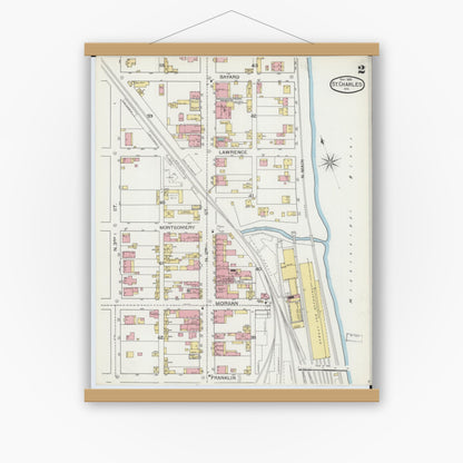 Old map wall art mockup — magnetic wood frame on white wall — Sanborn Fire Insurance Map from Saint Charles, Saint Charles County, Missouri (1893), Sheet #0002