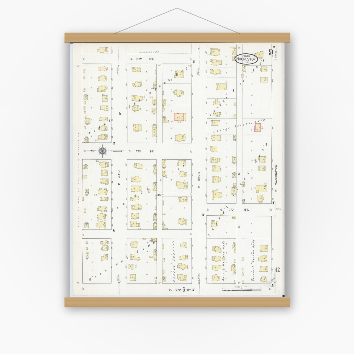 Old map wall art mockup — magnetic wood frame on white wall — Sanborn Fire Insurance Map from Hoopeston, Vermilion County, Illinois (1913), Sheet #0009