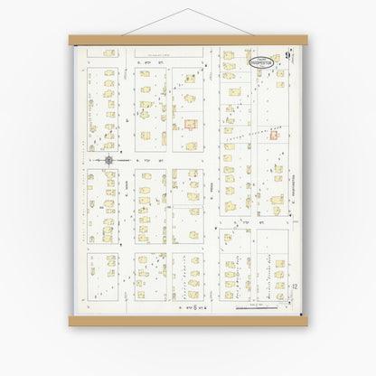 Old map wall art mockup — magnetic wood frame on white wall — Sanborn Fire Insurance Map from Hoopeston, Vermilion County, Illinois (1913), Sheet #0009