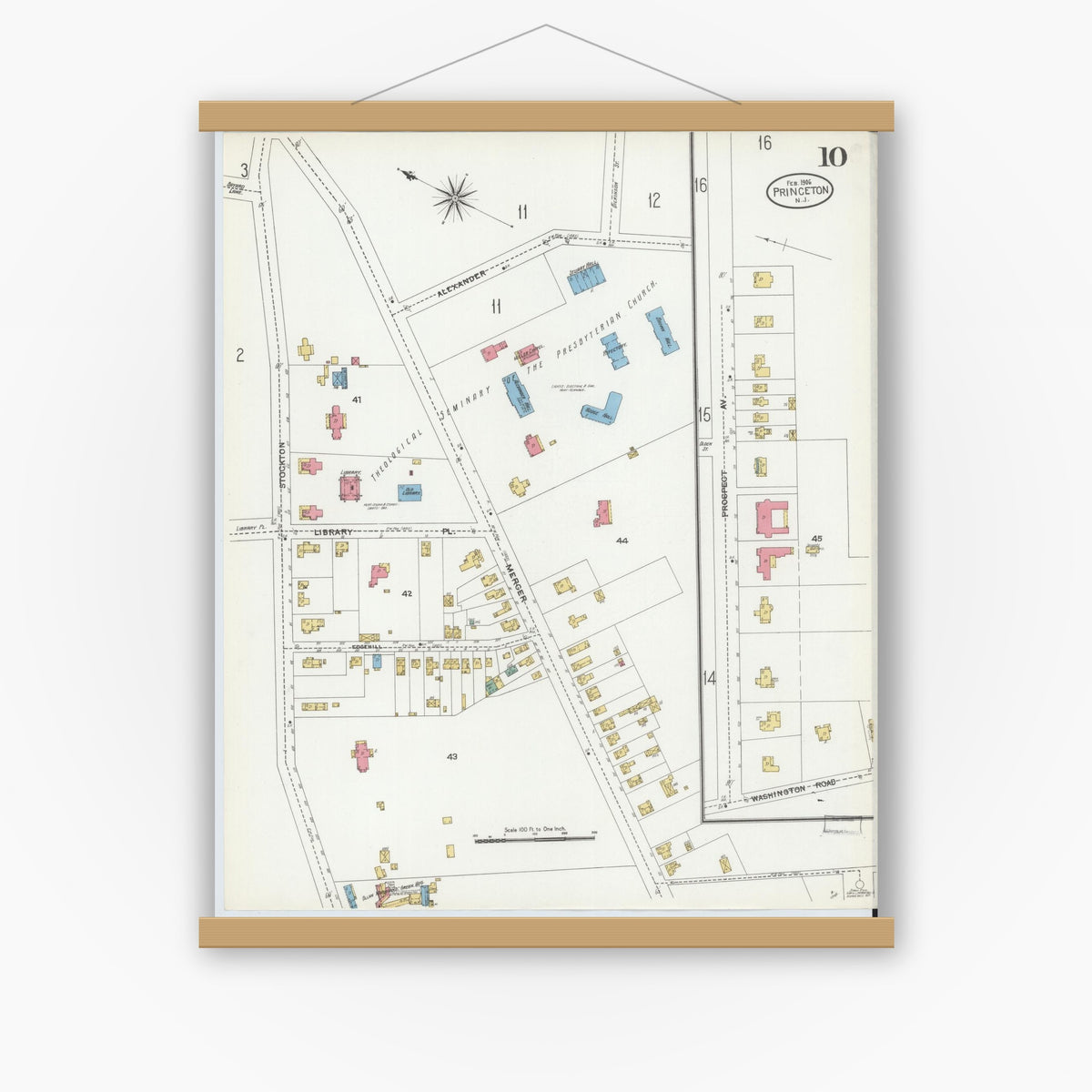Old map wall art mockup — magnetic wood frame on white wall — Sanborn Fire Insurance Map from Princeton, Mercer County, New Jersey (1906), Sheet #0010