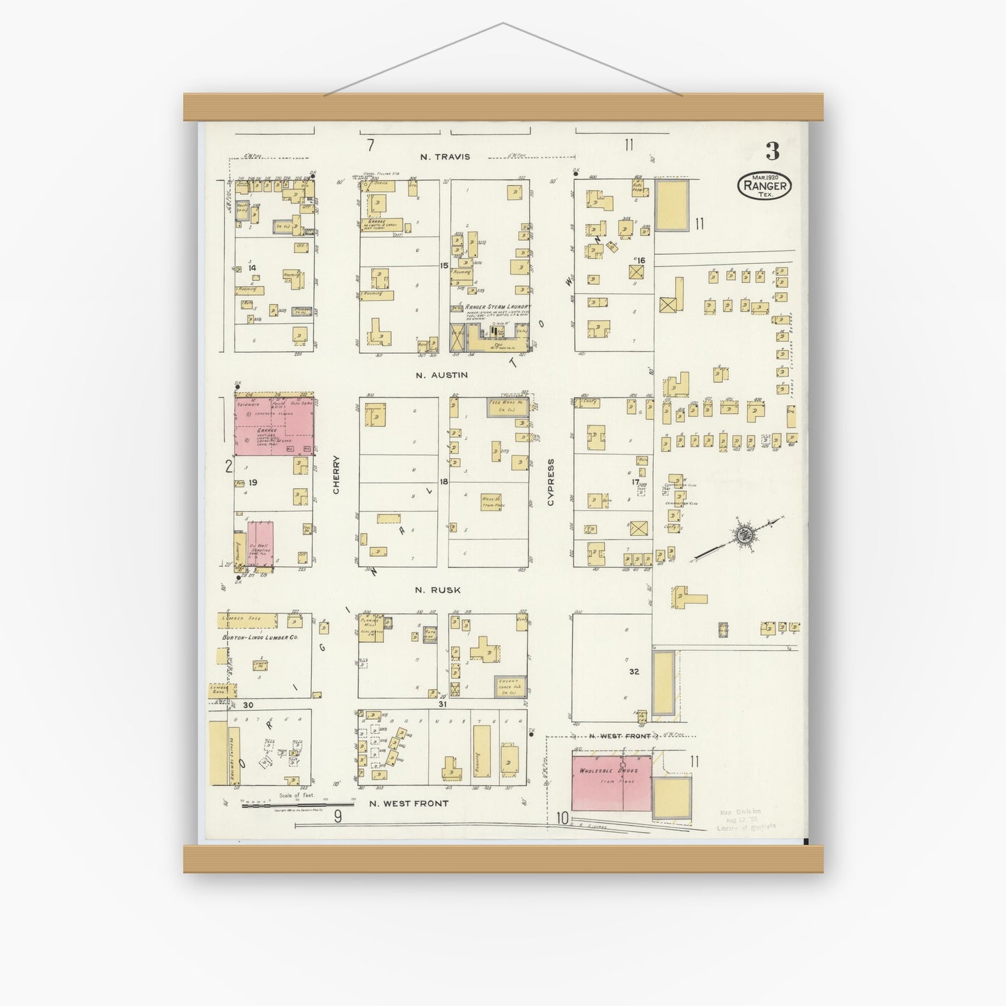 Old map wall art mockup — magnetic wood frame on white wall — Sanborn Fire Insurance Map from Ranger, Eastland County, Texas (1920), Sheet #0003