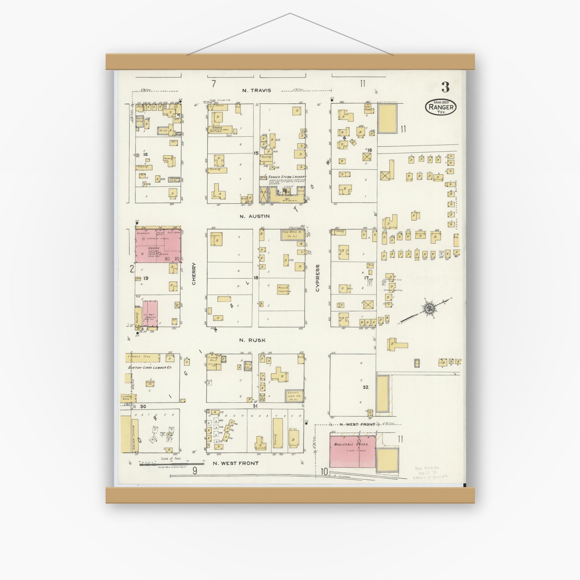 Old map wall art mockup — magnetic wood frame on white wall — Sanborn Fire Insurance Map from Ranger, Eastland County, Texas (1920), Sheet #0003