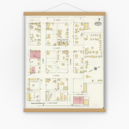 Old map wall art mockup — magnetic wood frame on white wall — Sanborn Fire Insurance Map from Ranger, Eastland County, Texas (1920), Sheet #0003