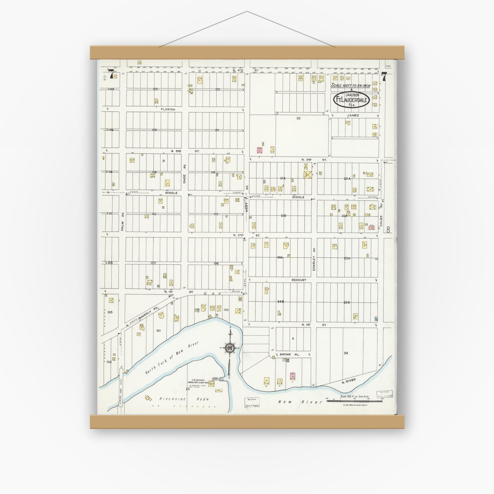 Old map wall art mockup — magnetic wood frame on white wall — Sanborn Fire Insurance Map from Fort Lauderdale, Broward County, Florida (1924), Sheet #0007
