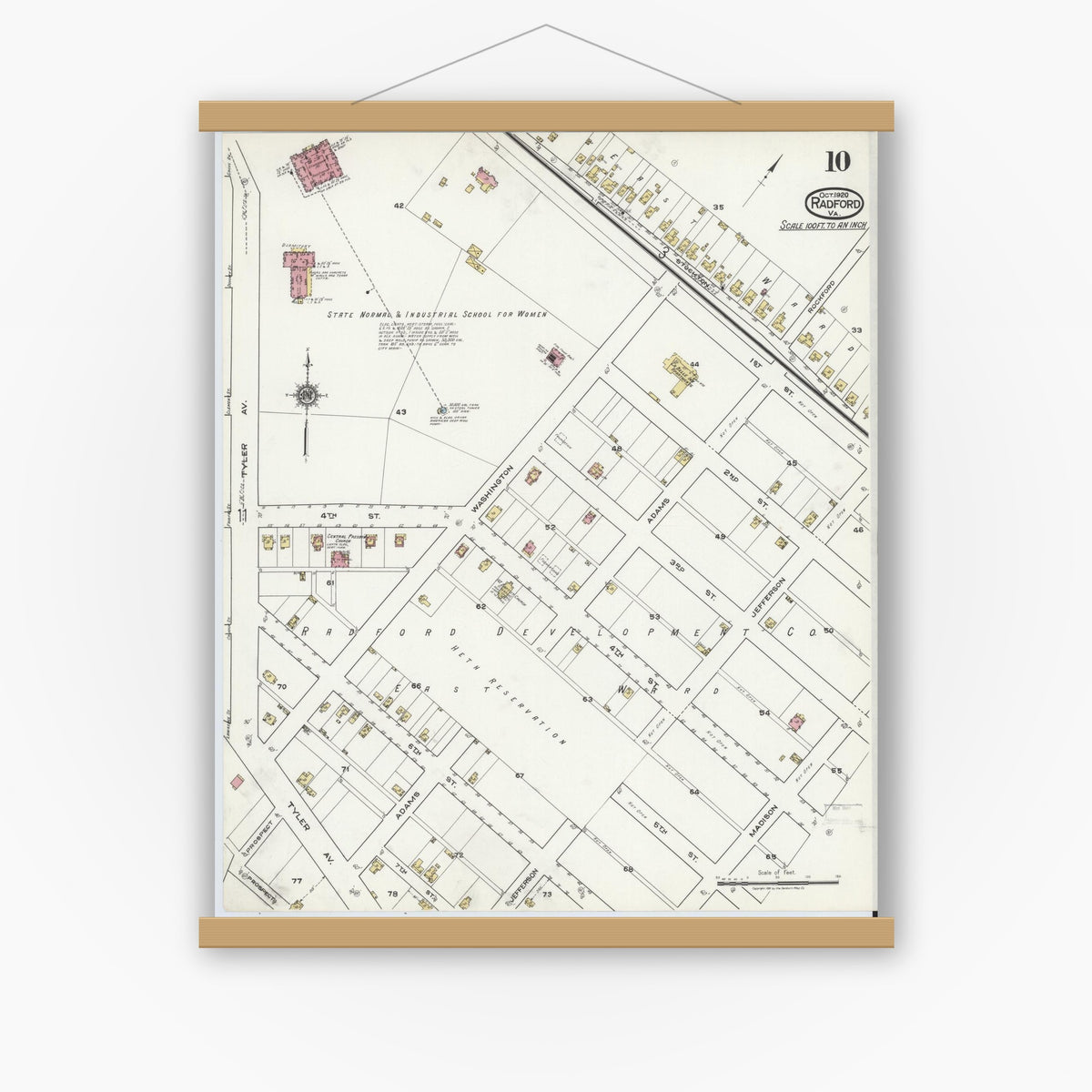 Old map wall art mockup — magnetic wood frame on white wall — Sanborn Fire Insurance Map from Radford, Independent Cities, Virginia (1920), Sheet #0010