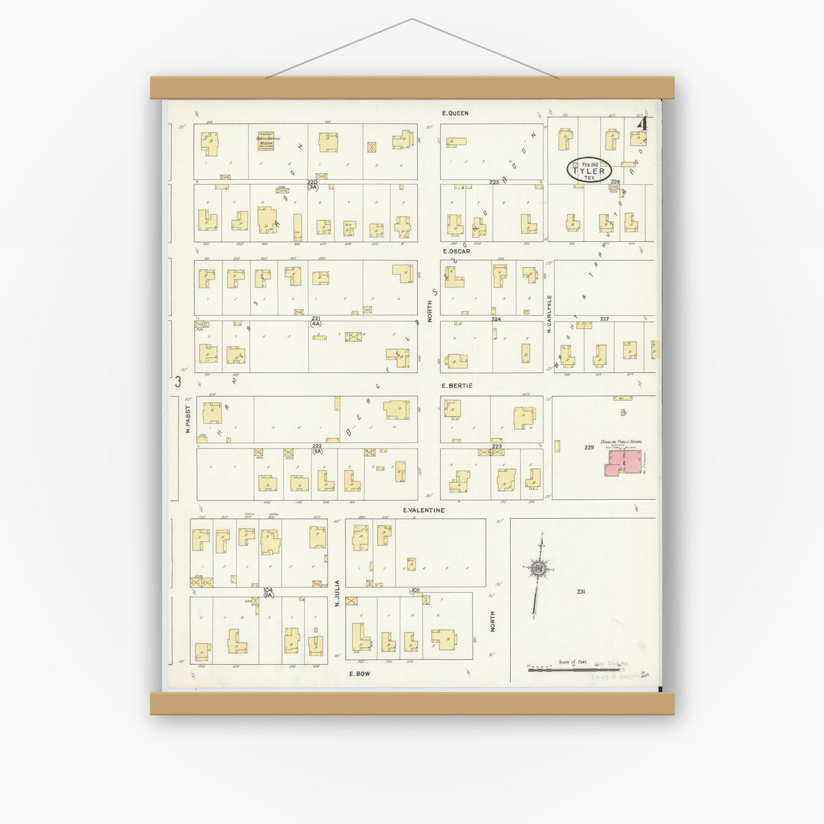 Old map wall art mockup — magnetic wood frame on white wall — Sanborn Fire Insurance Map from Tyler, Smith County, Texas (1912), Sheet #0004