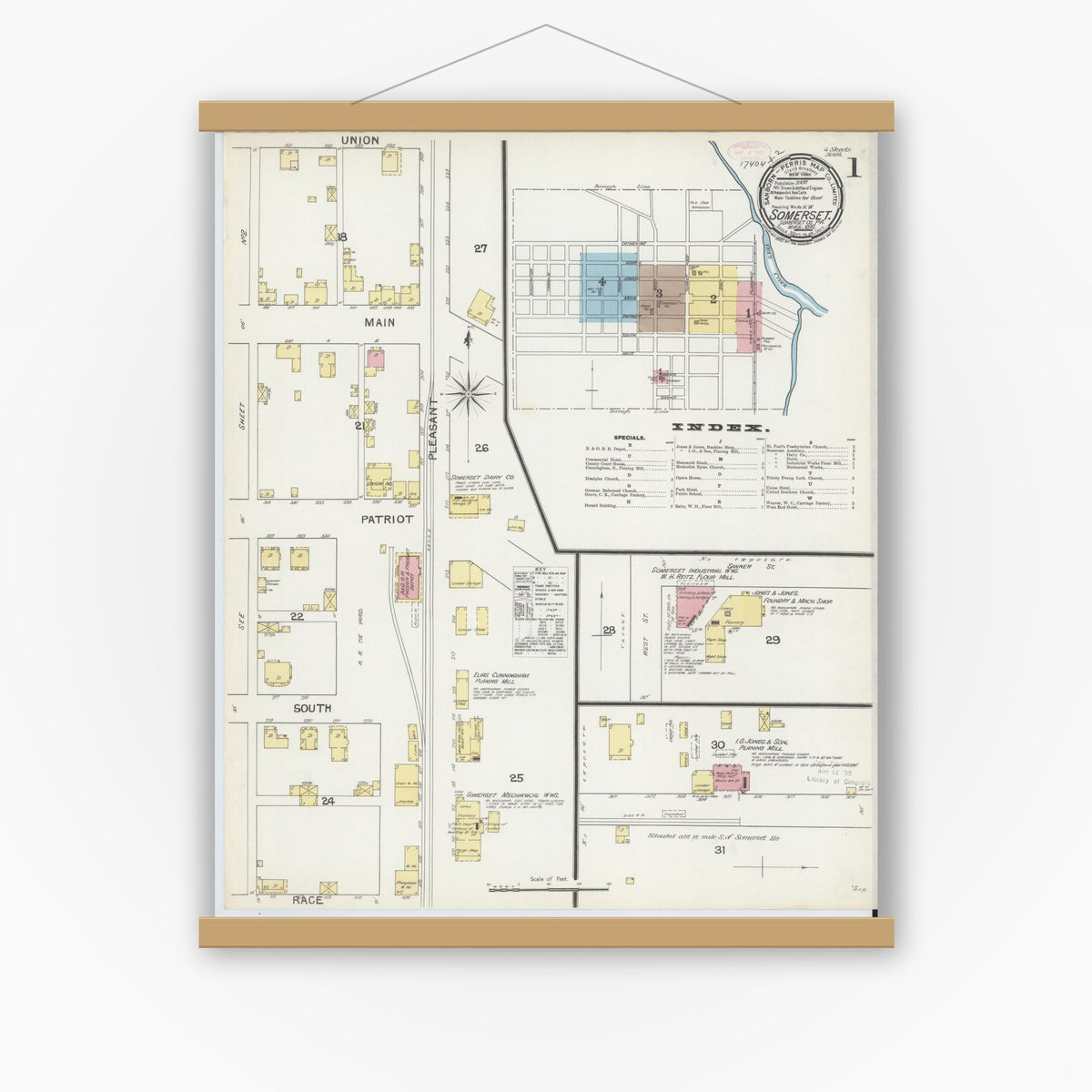 Old map wall art mockup — magnetic wood frame on white wall — Sanborn Fire Insurance Map from Somerset, Somerset County, Pennsylvania (1892) - Complete Map Set