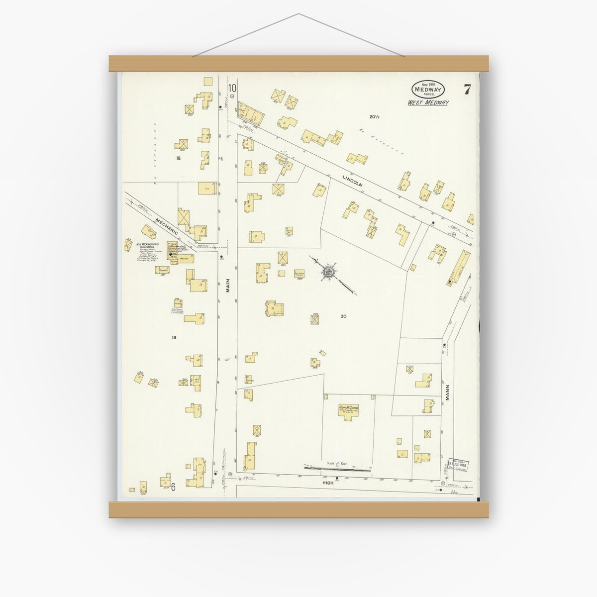 Old map wall art mockup — magnetic wood frame on white wall — Sanborn Fire Insurance Map from Medway, Norfolk County, Massachusetts (1910), Sheet #0007