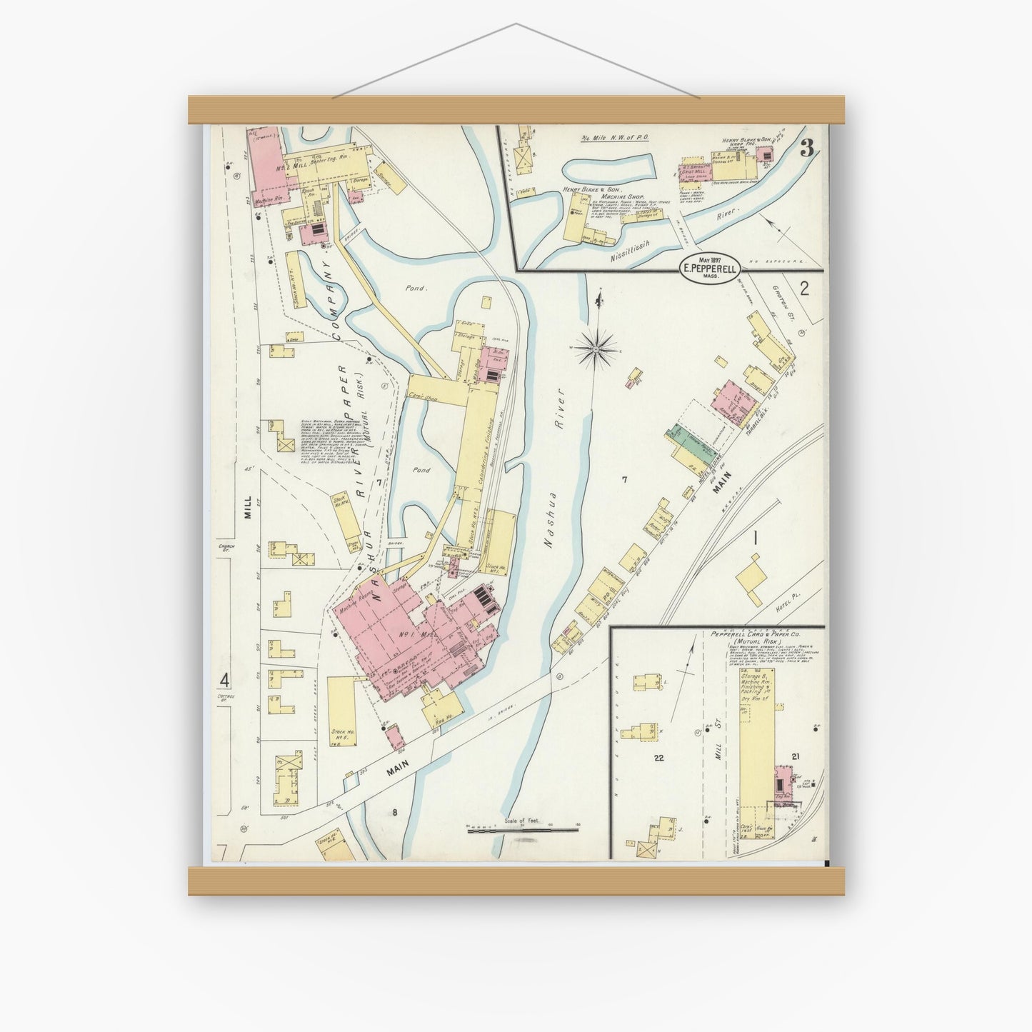 Old map wall art mockup — magnetic wood frame on white wall — Sanborn Fire Insurance Map from East Pepperell, Middlesex County, Massachusetts (1897), Sheet #0003
