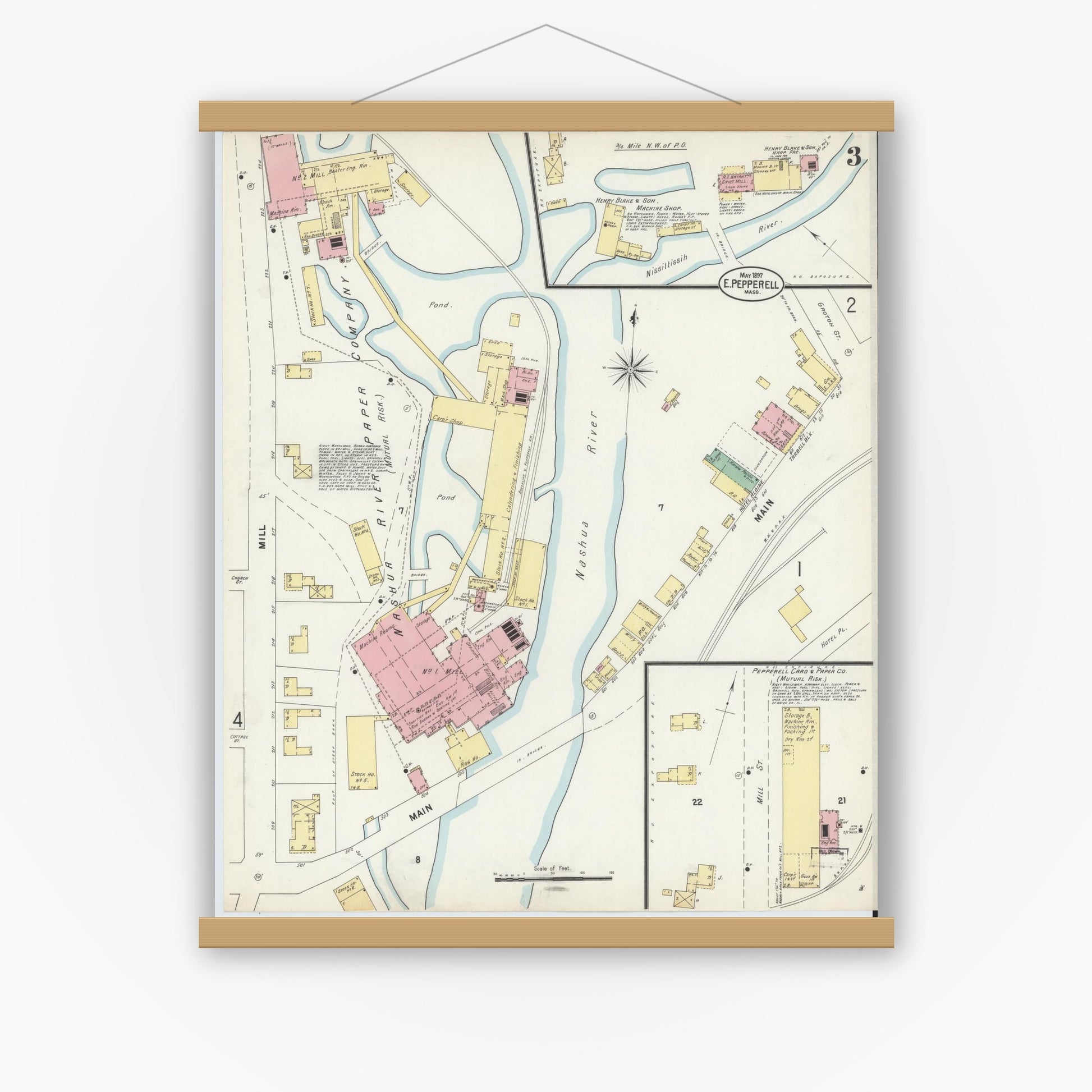 Old map wall art mockup — magnetic wood frame on white wall — Sanborn Fire Insurance Map from East Pepperell, Middlesex County, Massachusetts (1897), Sheet #0003