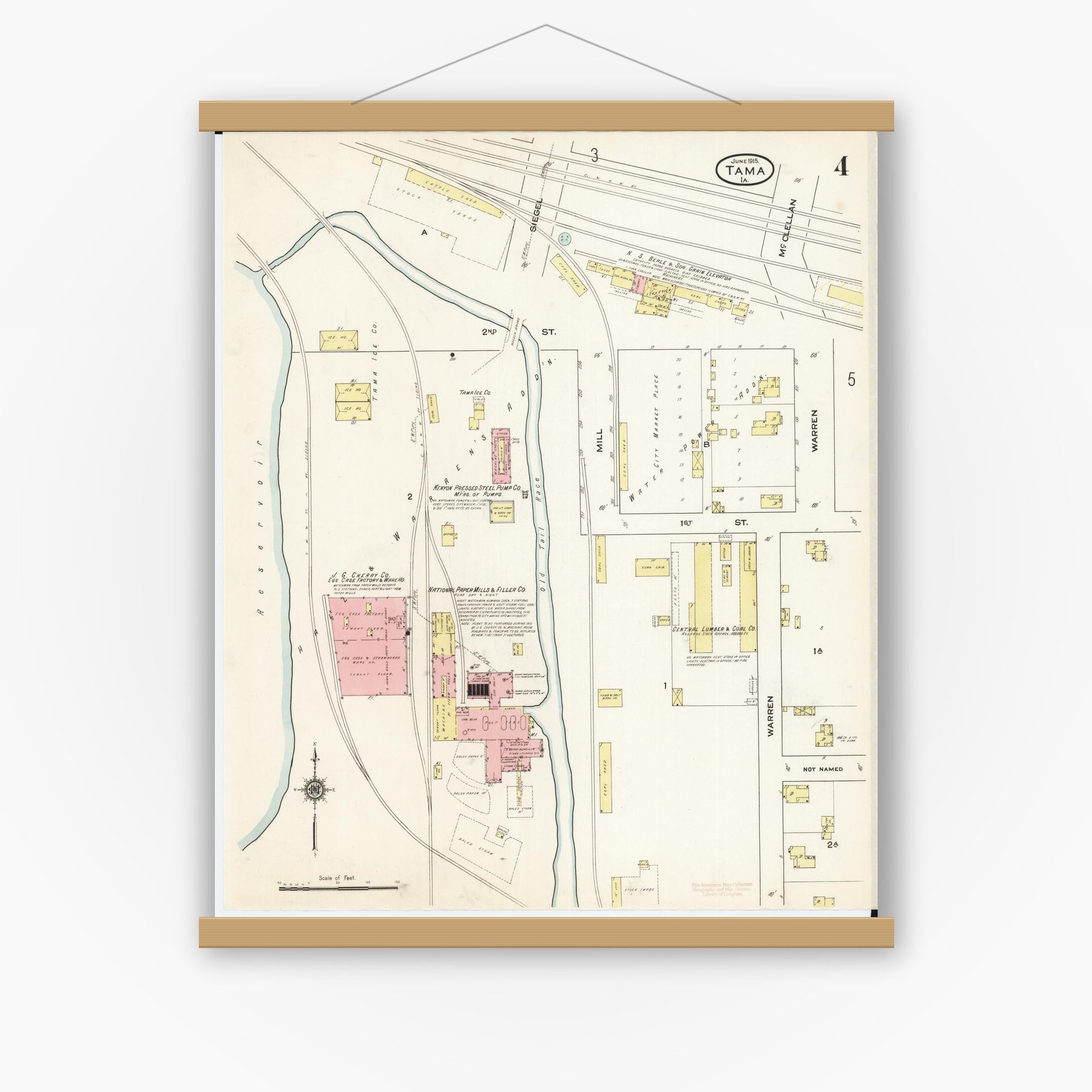 Old map wall art mockup — magnetic wood frame on white wall — Sanborn Fire Insurance Map from Tama, Tama County, Iowa (1915), Sheet #0004