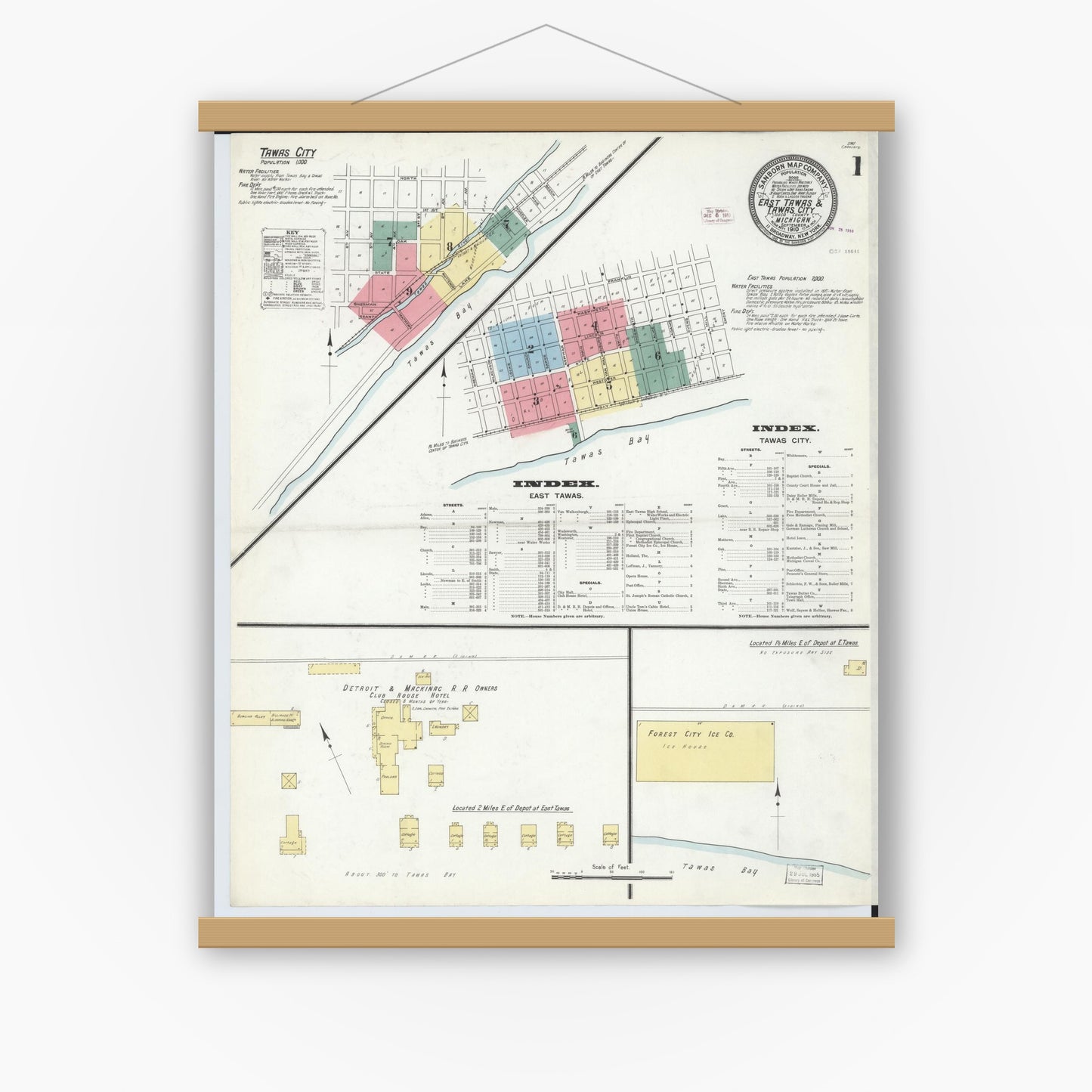 Old map wall art mockup — magnetic wood frame on white wall — Sanborn Fire Insurance Map from East Tawas, Iosco County, Michigan (1910) - Complete Map Set