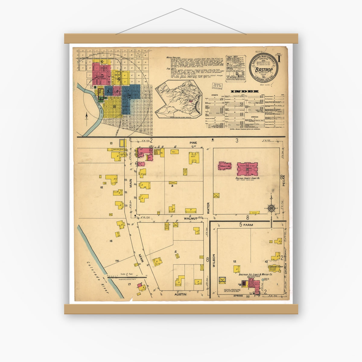 Old map wall art mockup — magnetic wood frame on white wall — Sanborn Fire Insurance Map from Bastrop, Bastrop County, Texas (1921), Sheet #0001