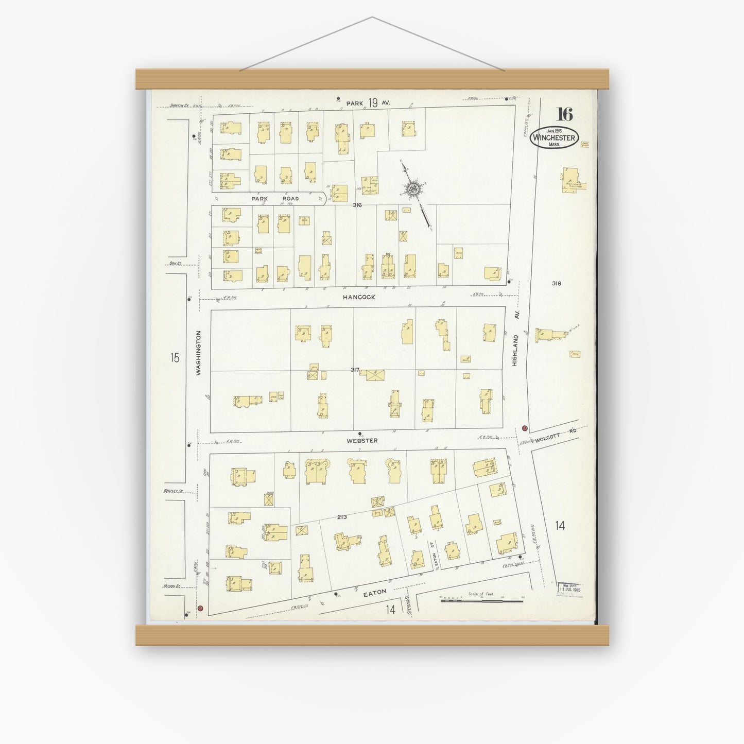 Old map wall art mockup — magnetic wood frame on white wall — Sanborn Fire Insurance Map from Winchester, Middlesex County, Massachusetts (1916), Sheet #0016