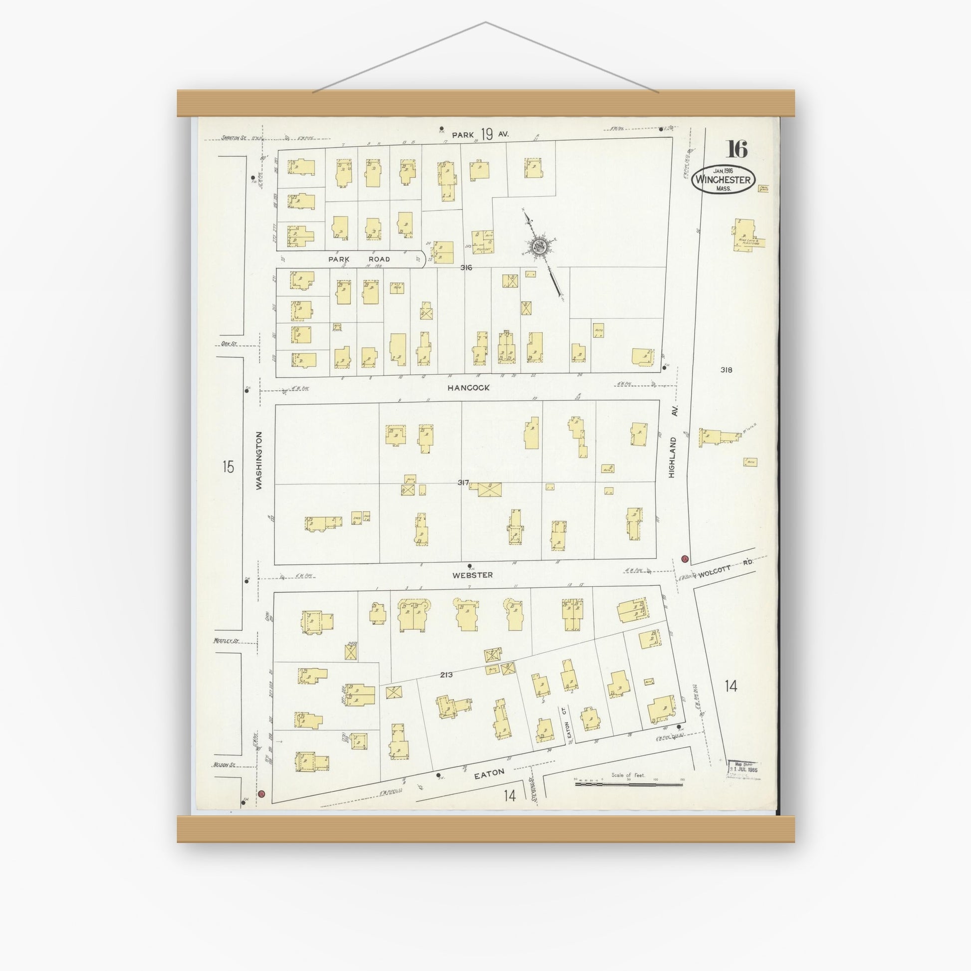 Old map wall art mockup — magnetic wood frame on white wall — Sanborn Fire Insurance Map from Winchester, Middlesex County, Massachusetts (1916), Sheet #0016