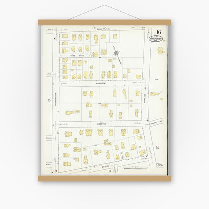 Old map wall art mockup — magnetic wood frame on white wall — Sanborn Fire Insurance Map from Winchester, Middlesex County, Massachusetts (1916), Sheet #0016