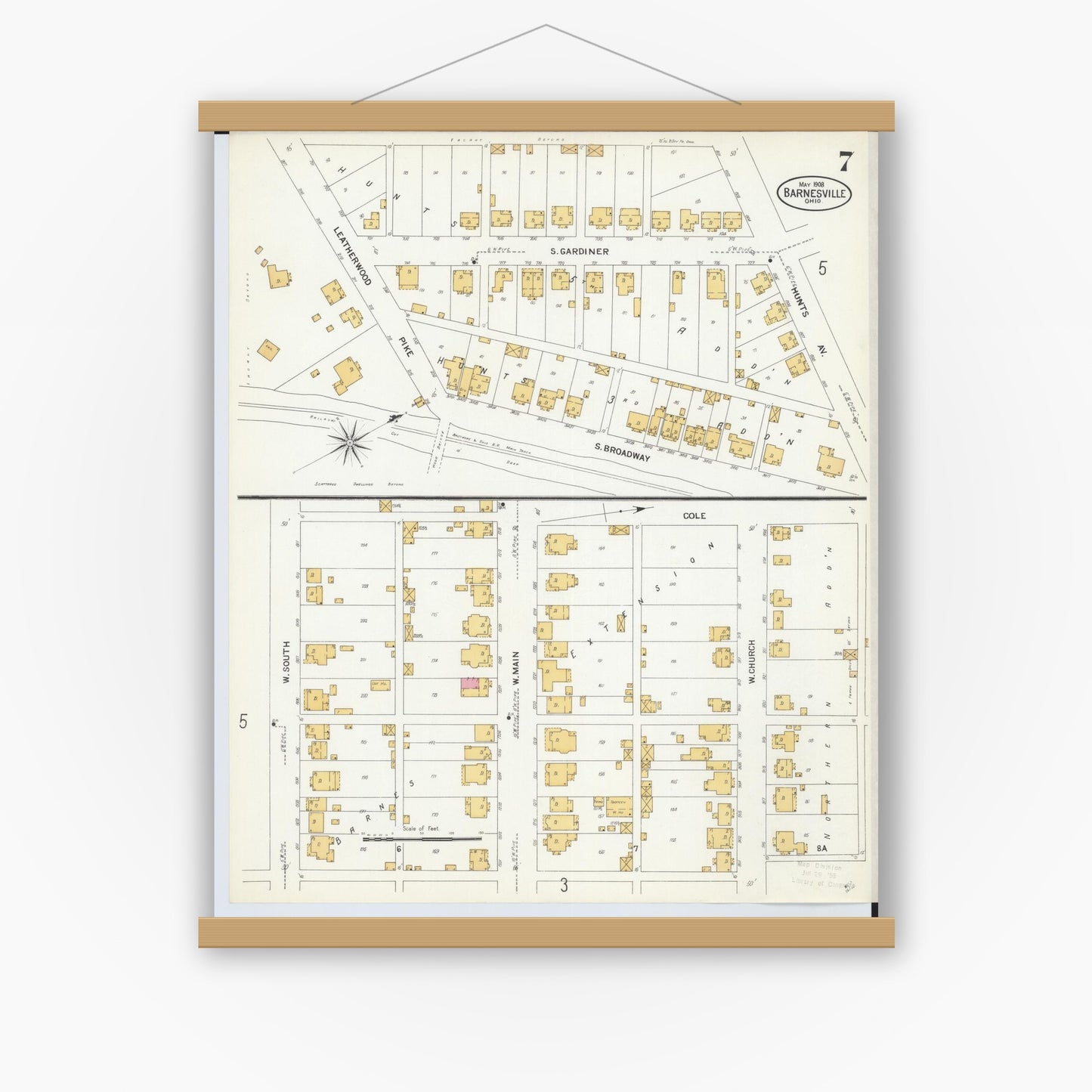 Old map wall art mockup — magnetic wood frame on white wall — Sanborn Fire Insurance Map from Barnesville, Belmont County, Ohio (1908), Sheet #0007