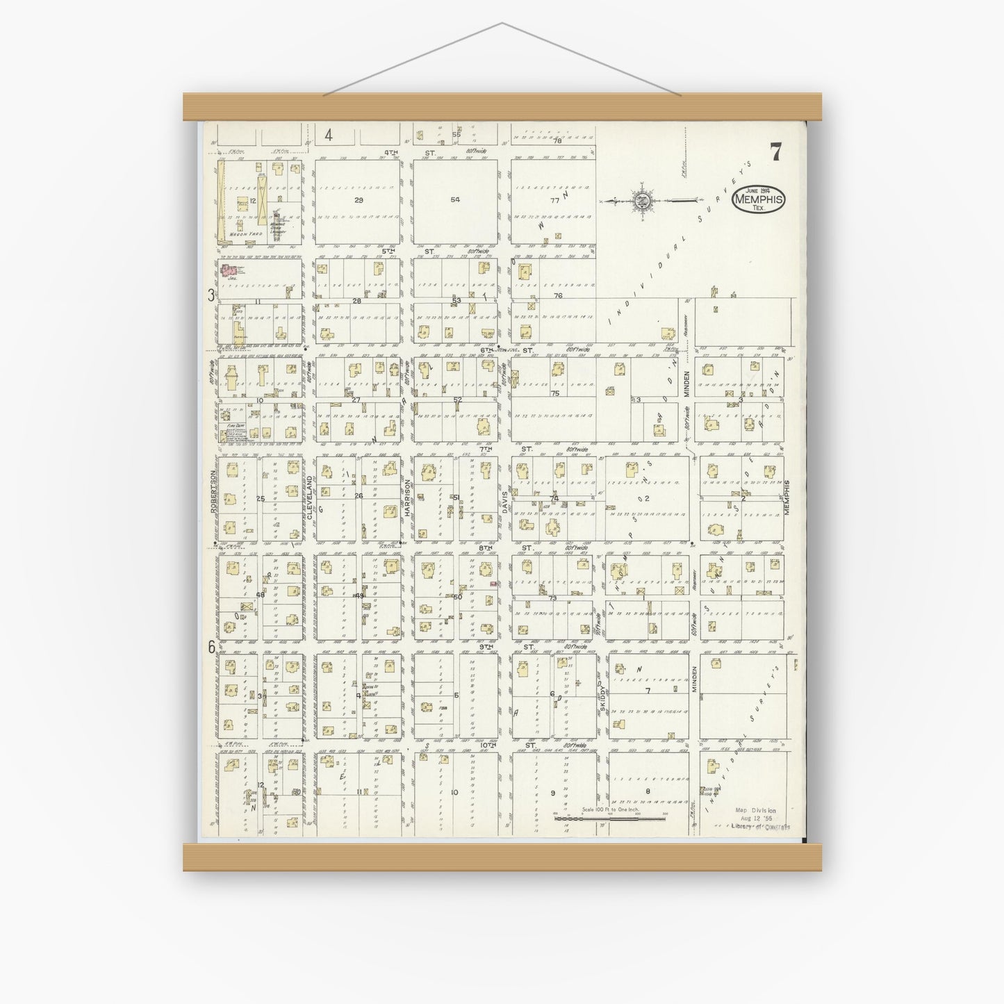 Old map wall art mockup — magnetic wood frame on white wall — Sanborn Fire Insurance Map from Memphis, Hall County, Texas (1914), Sheet #0007