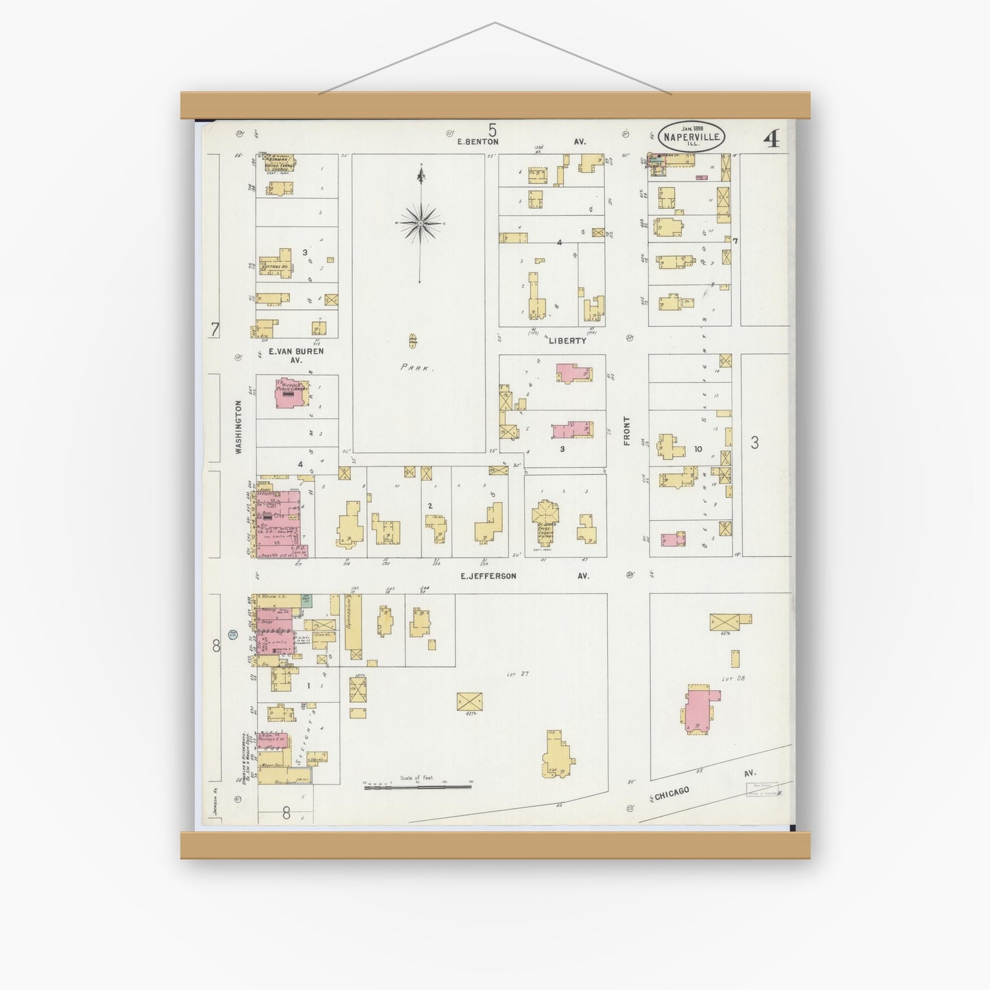 Old map wall art mockup — magnetic wood frame on white wall — Sanborn Fire Insurance Map from Naperville, Du Page County, Illinois (1898), Sheet #0004