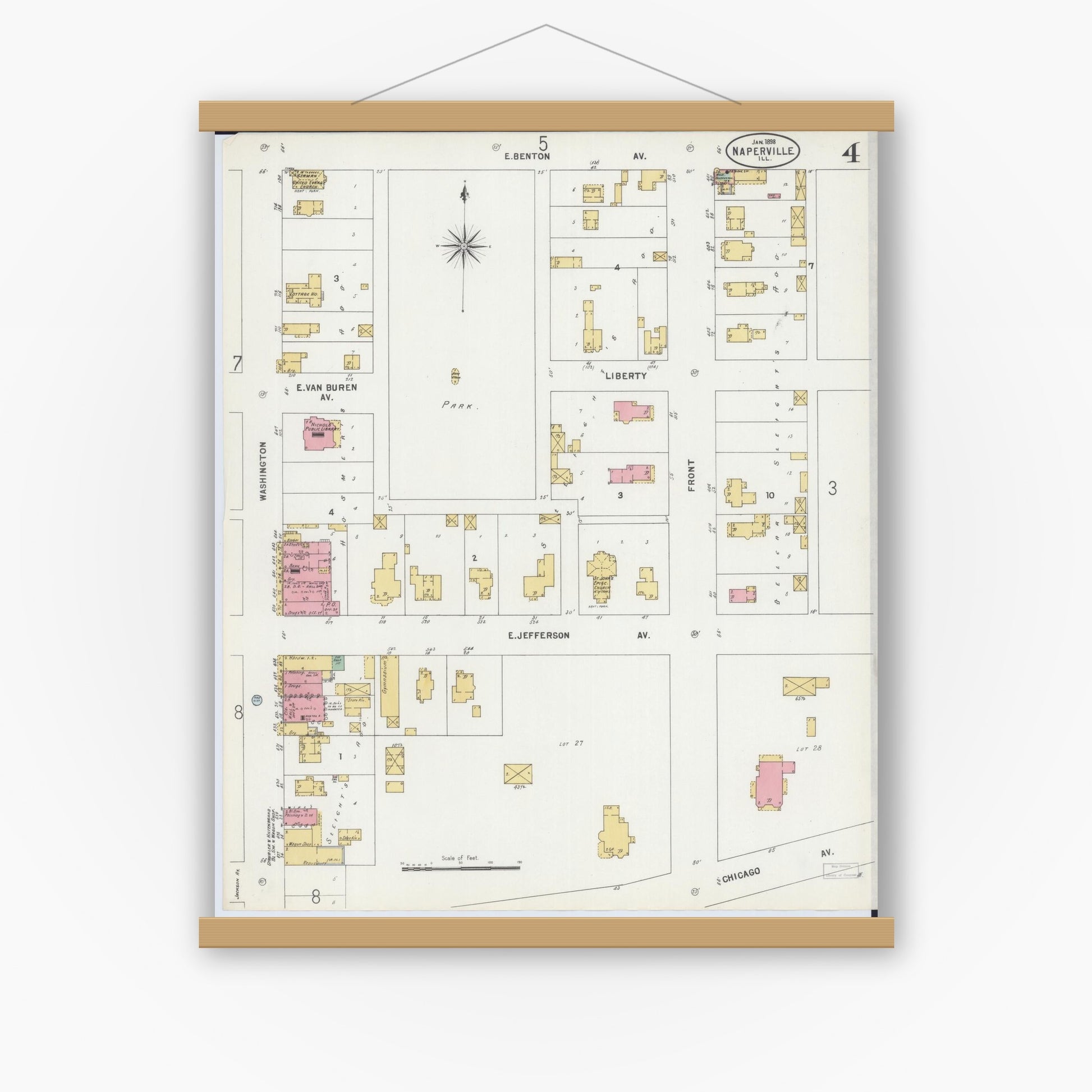 Old map wall art mockup — magnetic wood frame on white wall — Sanborn Fire Insurance Map from Naperville, Du Page County, Illinois (1898), Sheet #0004