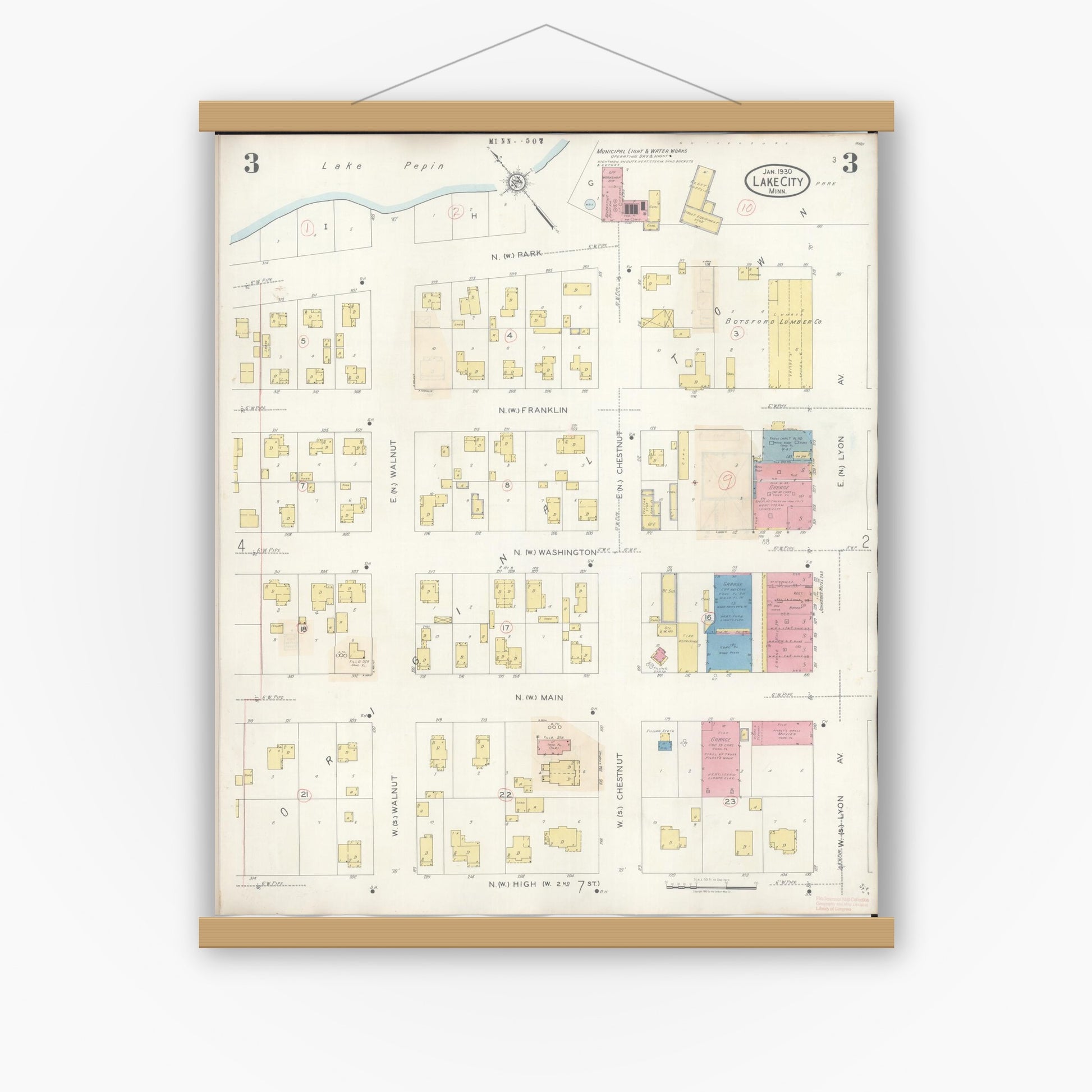 Old map wall art mockup — magnetic wood frame on white wall — Sanborn Fire Insurance Map from Lake City, Wabasha County, Minnesota (1938), Sheet #0003