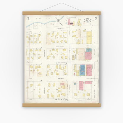 Old map wall art mockup — magnetic wood frame on white wall — Sanborn Fire Insurance Map from Lake City, Wabasha County, Minnesota (1938), Sheet #0003