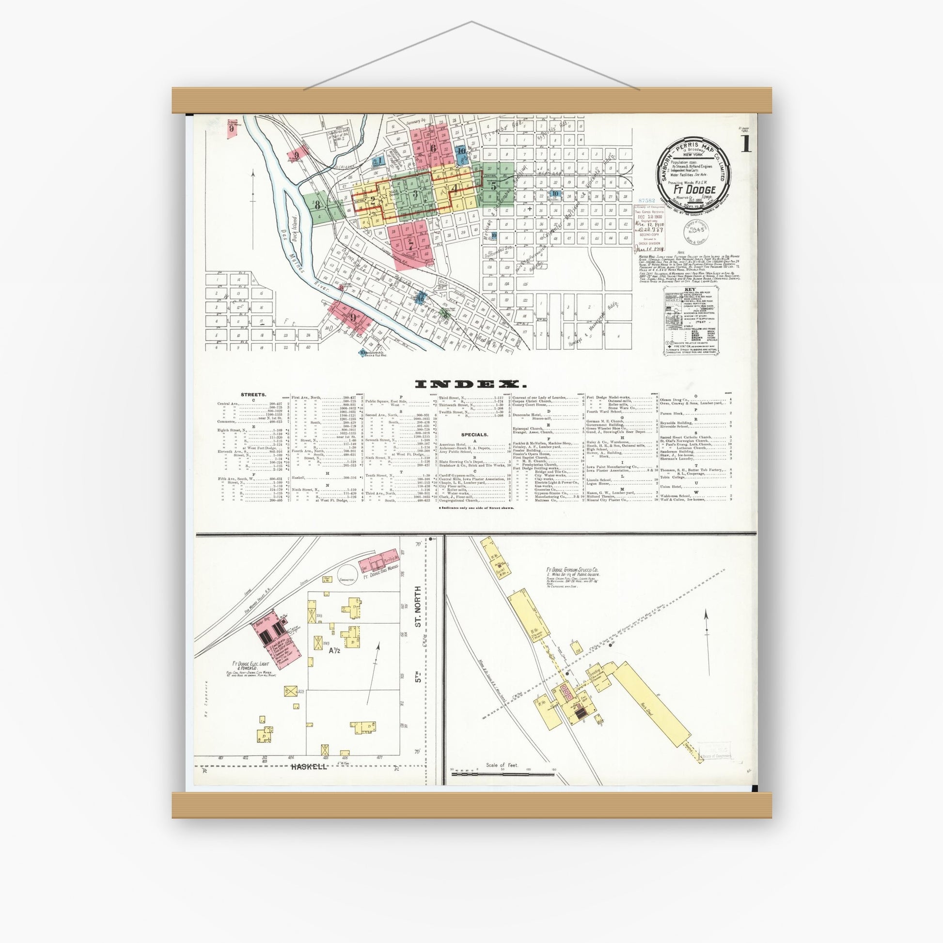 Old map wall art mockup — magnetic wood frame on white wall — Sanborn Fire Insurance Map from Fort Dodge, Webster County, Iowa (1900) â€” Complete Set