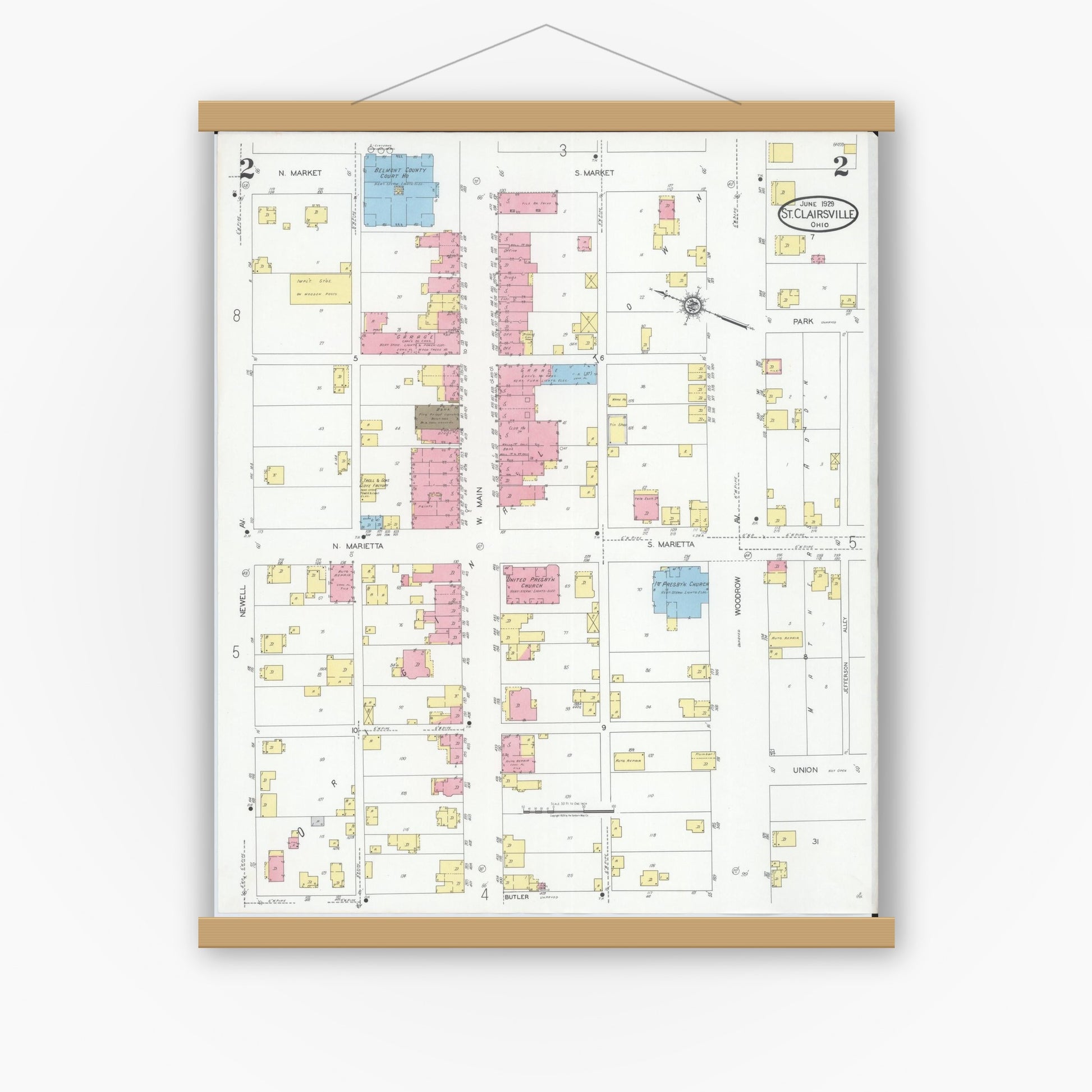 Old map wall art mockup — magnetic wood frame on white wall — Sanborn Fire Insurance Map from Saint Clairsville, Belmont County, Ohio (1929), Sheet #0002