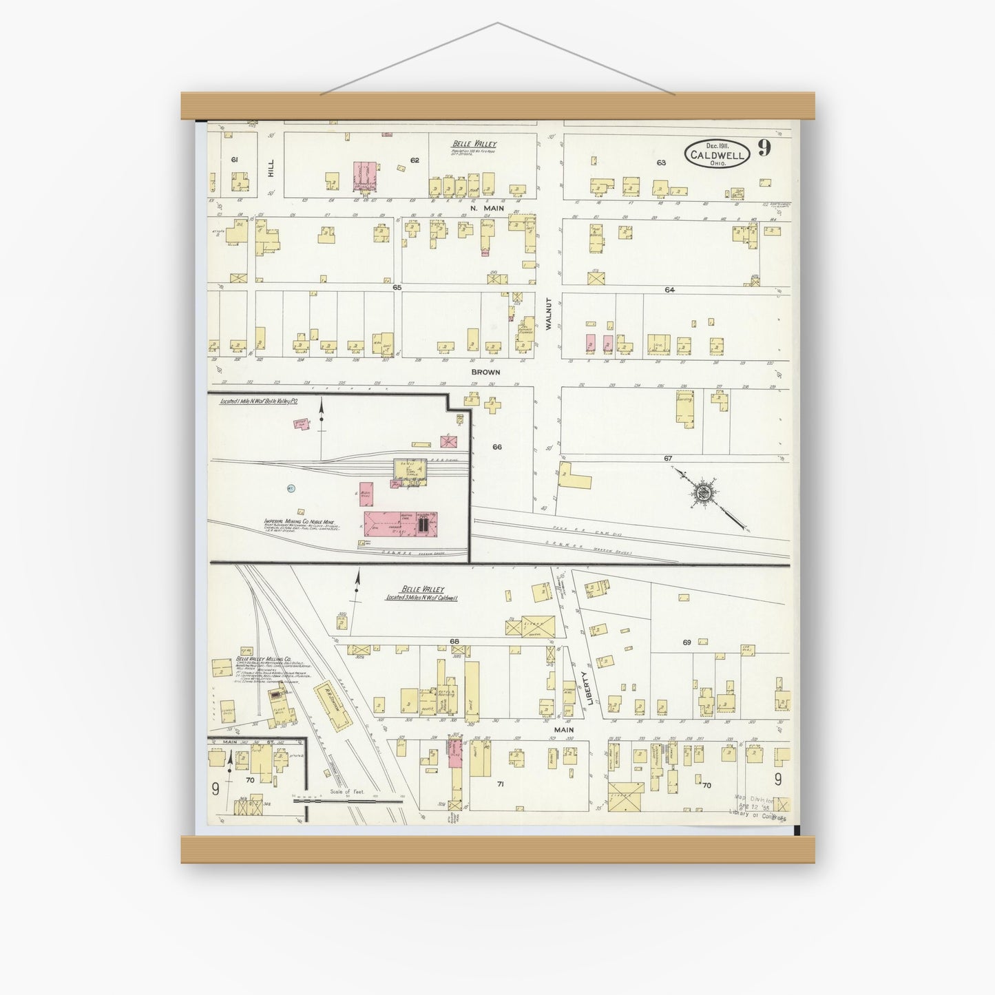 Old map wall art mockup — magnetic wood frame on white wall — Sanborn Fire Insurance Map from Caldwell, Noble County, Ohio (1911), Sheet #0009