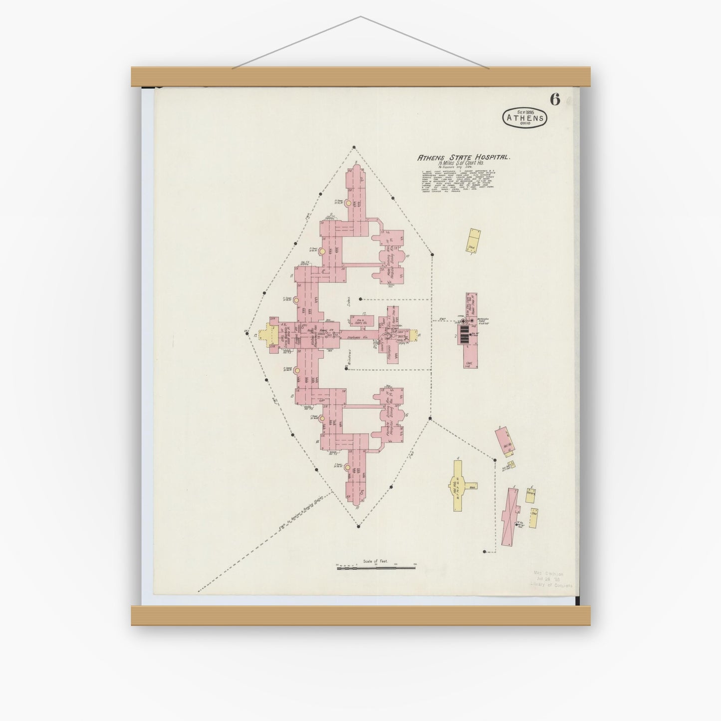 Old map wall art mockup — magnetic wood frame on white wall — Sanborn Fire Insurance Map from Athens, Athens County, Ohio (1895), Sheet #0006