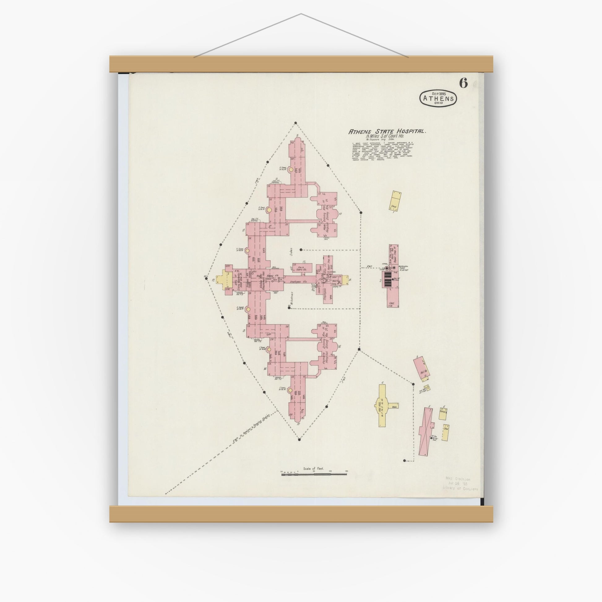 Old map wall art mockup — magnetic wood frame on white wall — Sanborn Fire Insurance Map from Athens, Athens County, Ohio (1895), Sheet #0006