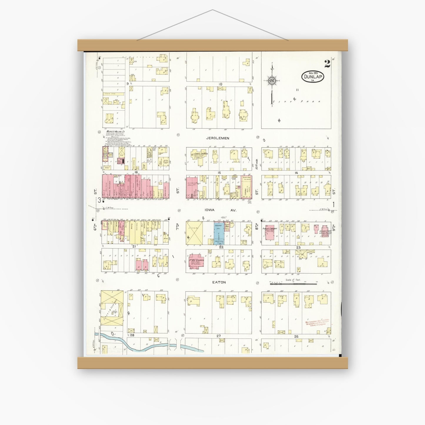 Old map wall art mockup — magnetic wood frame on white wall — Sanborn Fire Insurance Map from Dunlap, Harrison County, Iowa (1913), Sheet #0002