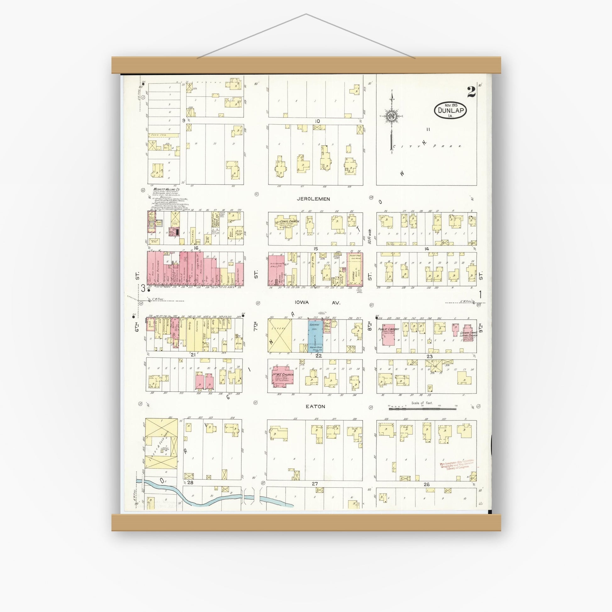 Old map wall art mockup — magnetic wood frame on white wall — Sanborn Fire Insurance Map from Dunlap, Harrison County, Iowa (1913), Sheet #0002