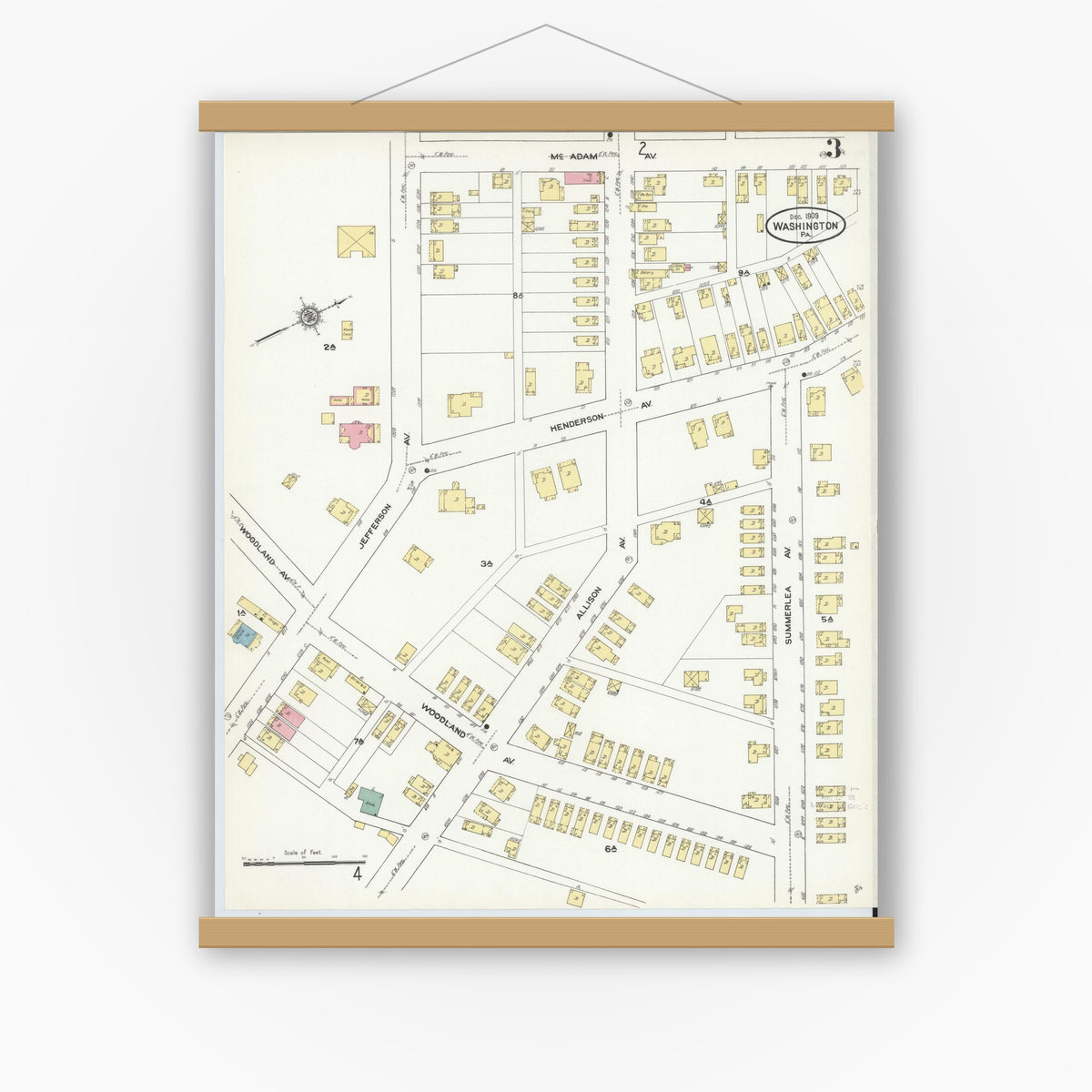 Old map wall art mockup — magnetic wood frame on white wall — Sanborn Fire Insurance Map from Washington, Washington County, Pennsylvania (1909), Sheet #0003