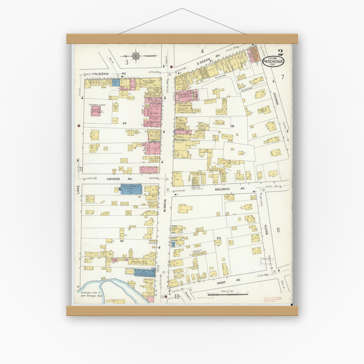 Old map wall art mockup — magnetic wood frame on white wall — Sanborn Fire Insurance Map from Patchogue, Suffolk County, New York (1916) - Complete Map Set