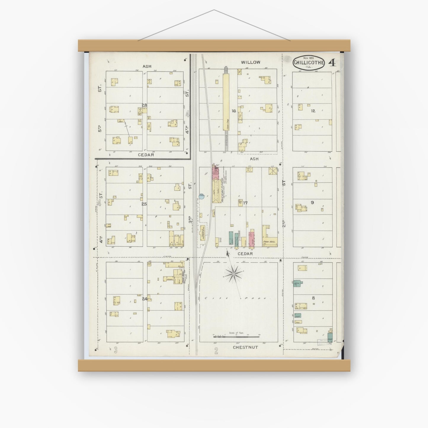 Old map wall art mockup — magnetic wood frame on white wall — Sanborn Fire Insurance Map from Chillicothe, Peoria County, Illinois (1893), Sheet #0004